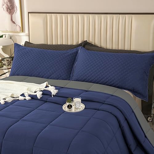 Miniatura 9 de Edredón de tamaño King Plus de 128 x 120 pulgadas, colchas extra grandes tamaño King de 3 piezas, edredón ligero reversible de plumón alternativo