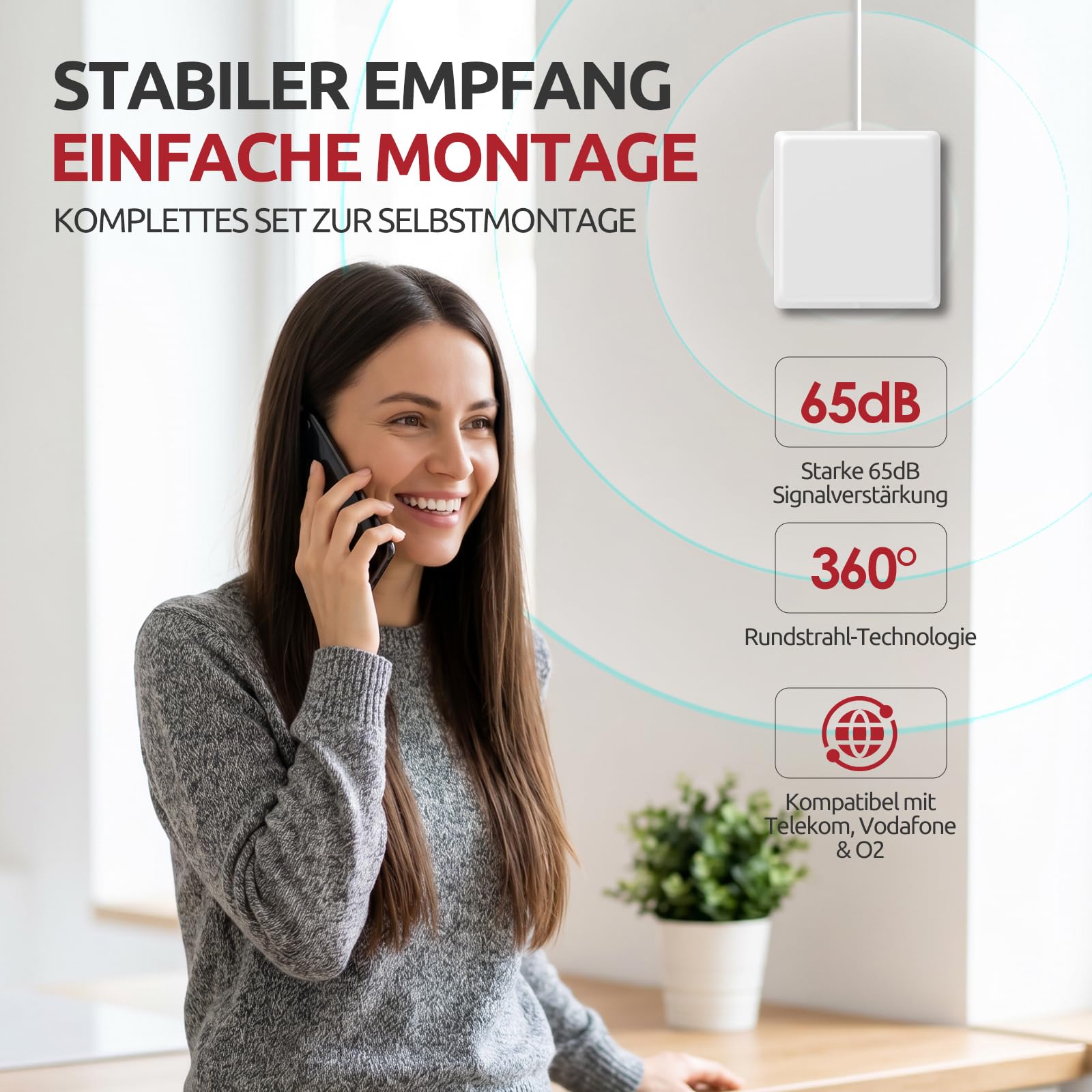 Mobilfunk Verstärker Handy Signalverstärker LTE 4G 5G für Alle Netze, Fünf-Band Repeater mit Omnidirektionale Antenne, 65dB Gain Booster für Wohnung & Home Office, Unterstützt Telekom/Vodafone/O2