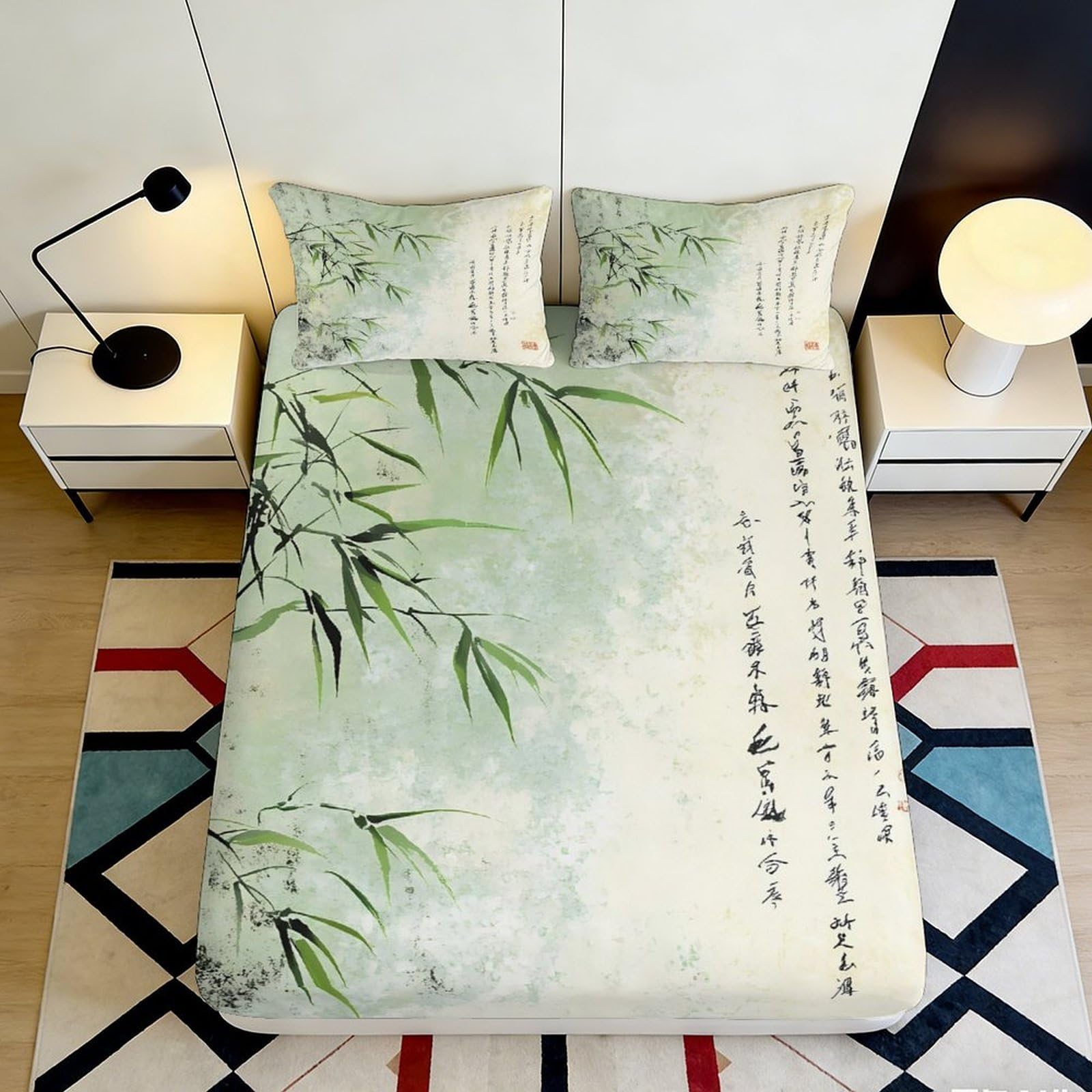 Jqzkxnhpbr Style-7 3D Printed Bamboo Leaf Fitted Sheet Microfiber Green Nature Poetic Bed Cover For Bedroom Guest Room Decor 90X200x25cm