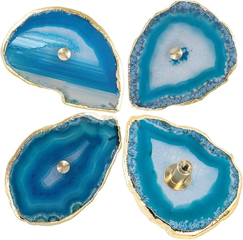 Rockcloud Pomos de ágata azul para cajón, tiradores para armario de aparador, rebanada teñida con pomos de borde chapados en oro para decoración de