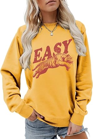 Easy Tiger Womens Sweatshirts Tiger Print Graphic Casual Funny Crewneck Long Sleeve Pullover Tops The Best Gifts