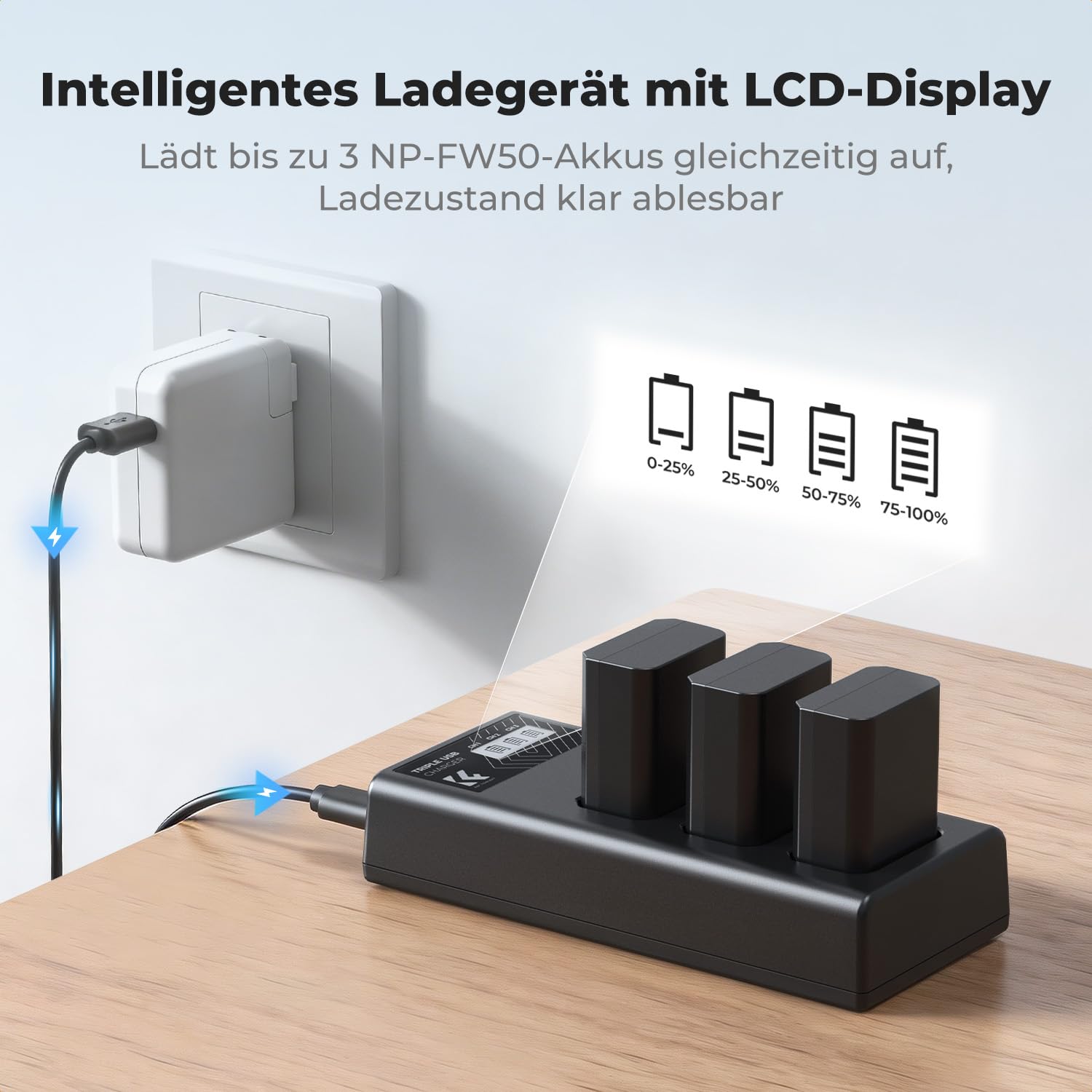 K&F CONCEPT NP-FW50 1100mAh Akku (3er-Pack) und DREI-Slot LCD Ladegerät Kit für Sony ZV-E10, Alpha A6000, A6300, A6400, A6500, A5000, A5100, a7, a7II, a7R, a7RII, a7S, a7SII