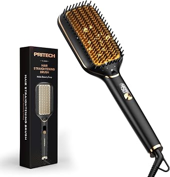 PRITECH Ionic Plus Straightener Brush, 20s Fast Heating Hot Comb, 5 Adjustable Temps, Anti-Scald Ceramic Bristles, Dual Voltage Hair Brush for Thick Curly Hair & Morning Commute