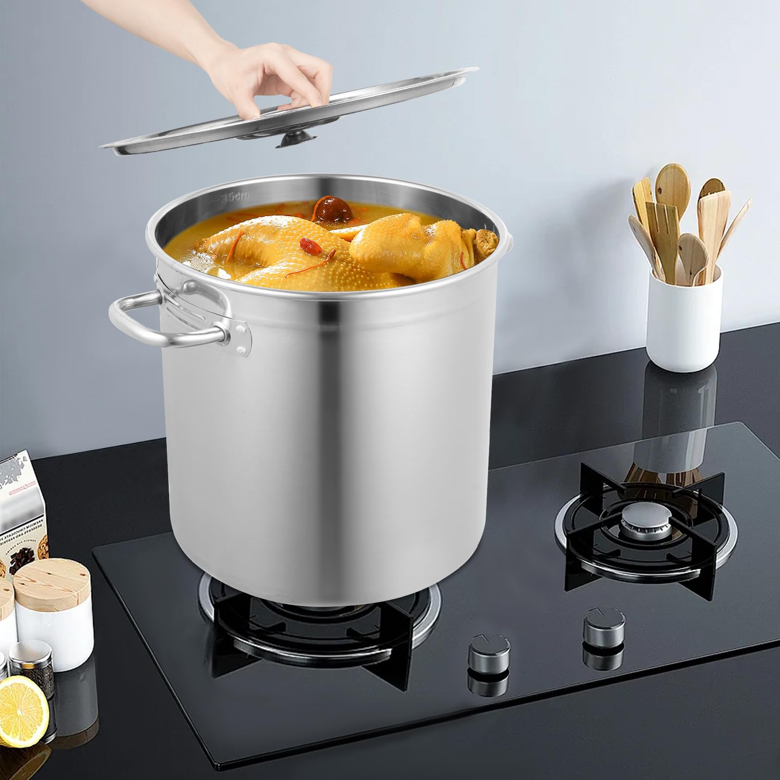 Garnek do zupy ze stali nierdzewnej, 35 l, z pokrywką, grubość 3,0 mm, duży garnek do gotowania zupy, bulionu, gulaszu jednogarnkowego, gastronomii i gospodarstwa domowego, wysokiej jakości garnek z