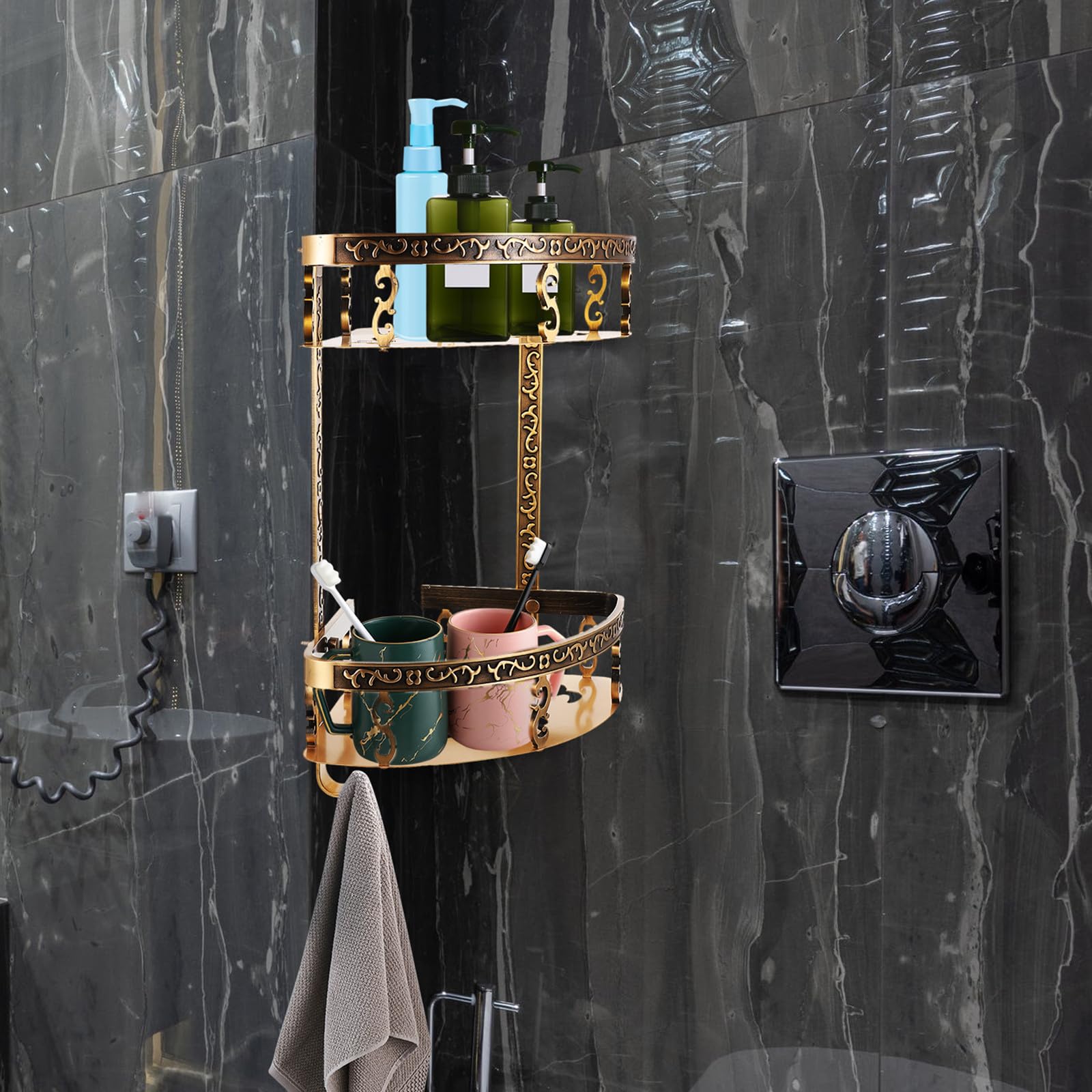 YARNOW Mensola Angolare da Parete in Alluminio Stile Europeo, Organizzatore da Bagno Multiuso senza Foratura, Scaffale Sospeso per Doccia e Wc, Portaoggetti Compatto per Shampoo