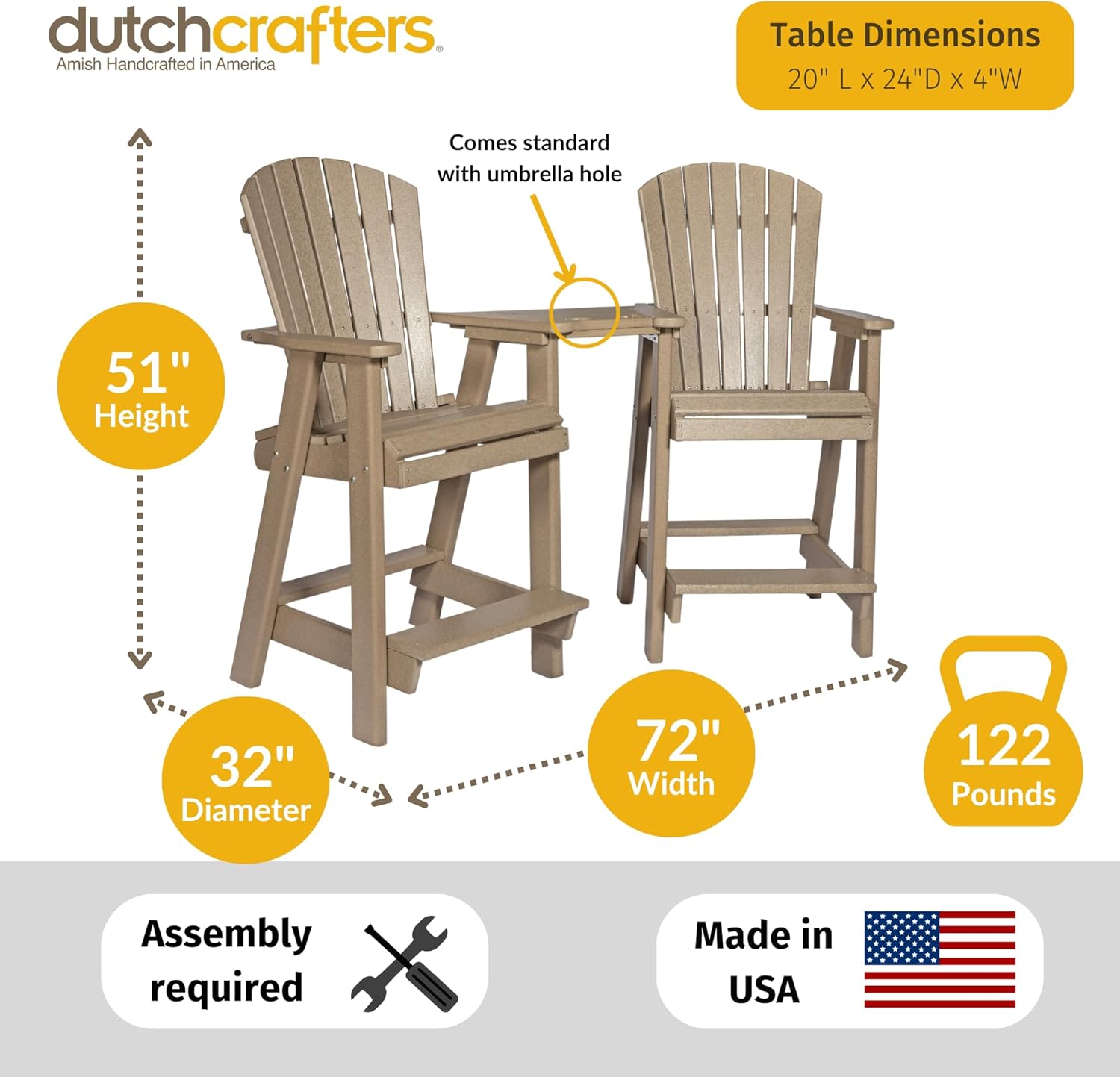 DutchCrafters Poly Adirondack Balcony Settee with Connecting Table and Two Chairs, Counter Height or Bar Height, Patio Furniture Set, High Top Adirondack Chairs (Weatherwood & Black, Bar Height)