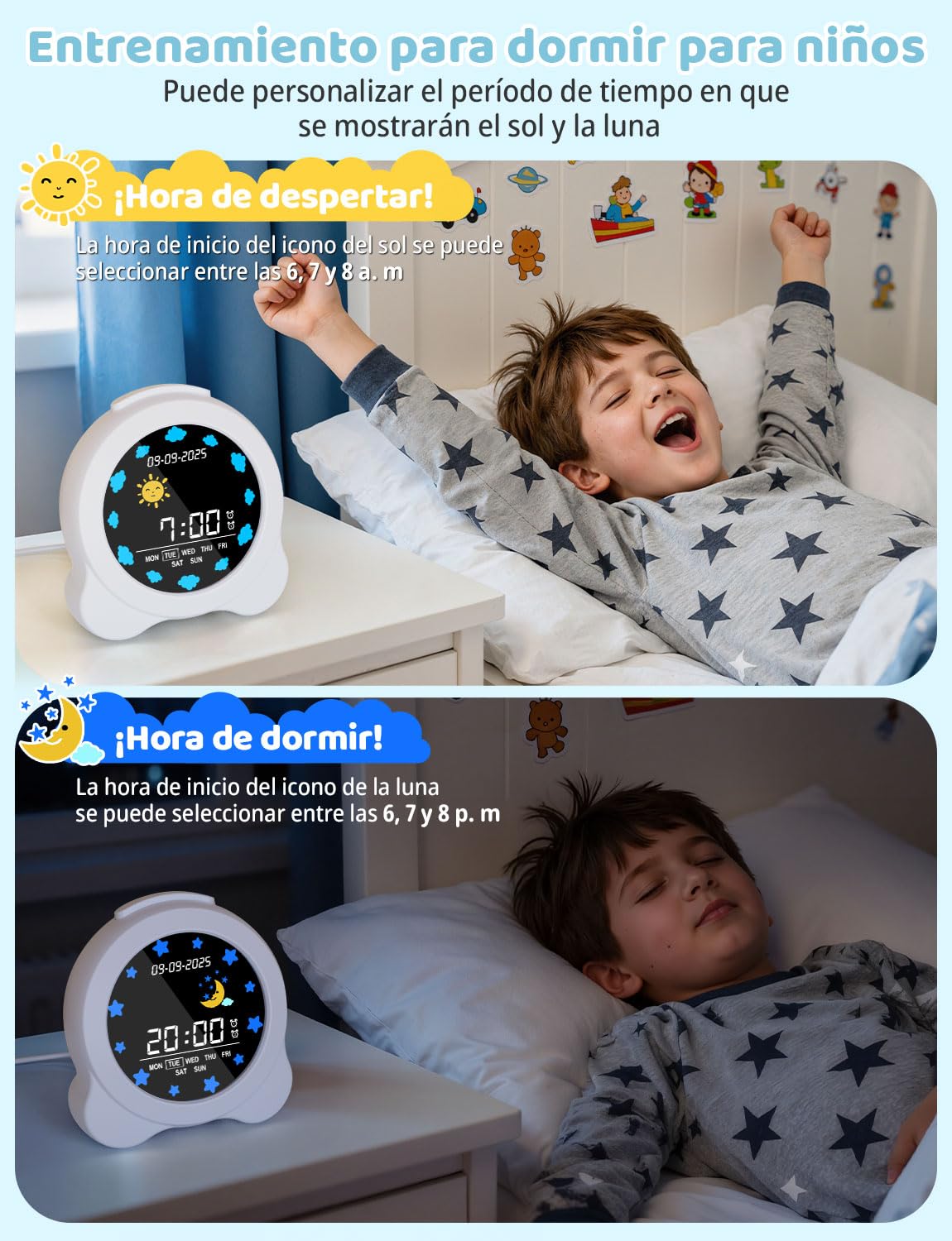 YISSVIC Despertador Infantil 2 Alarmas Brillo Ajustables 3 Volumenes 6 Músicas, Reloj Despertador Digital Función de Repetición Entrenamiento del Sueño para Niños