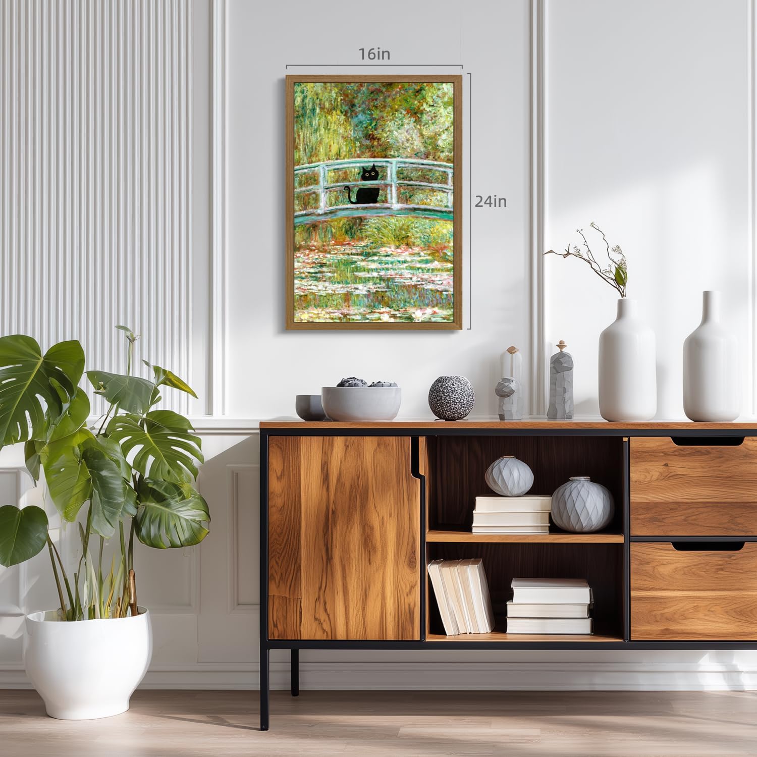 PORENY Funny Cat Monet Bridge Wall Art, Whimsical Black Cat Bathroom Decor, Impressionist Water Lilies Pond Poster Print, Vintage Monet Artwork for Bedroom Living Room Wood Framed 12x16 Inch