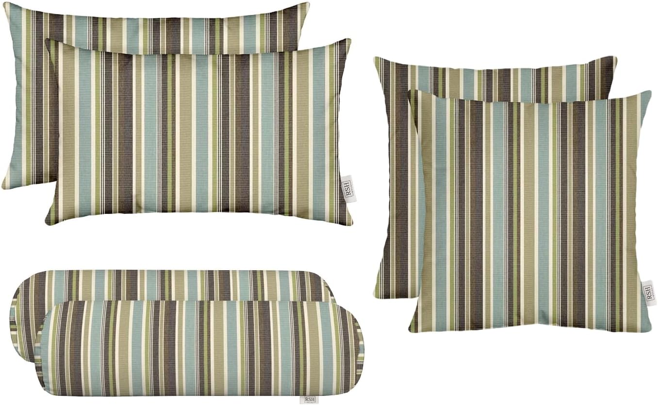RSH DECOR Sunbrella 6-Pack Pillow Set | Water & Fade-Resistant Performance Fabric | 17" x 17", 20" x 12", 20" x 6" Neck Roll | Outdoor Decorative Pillows | Made in USA (Brannon Whisper)