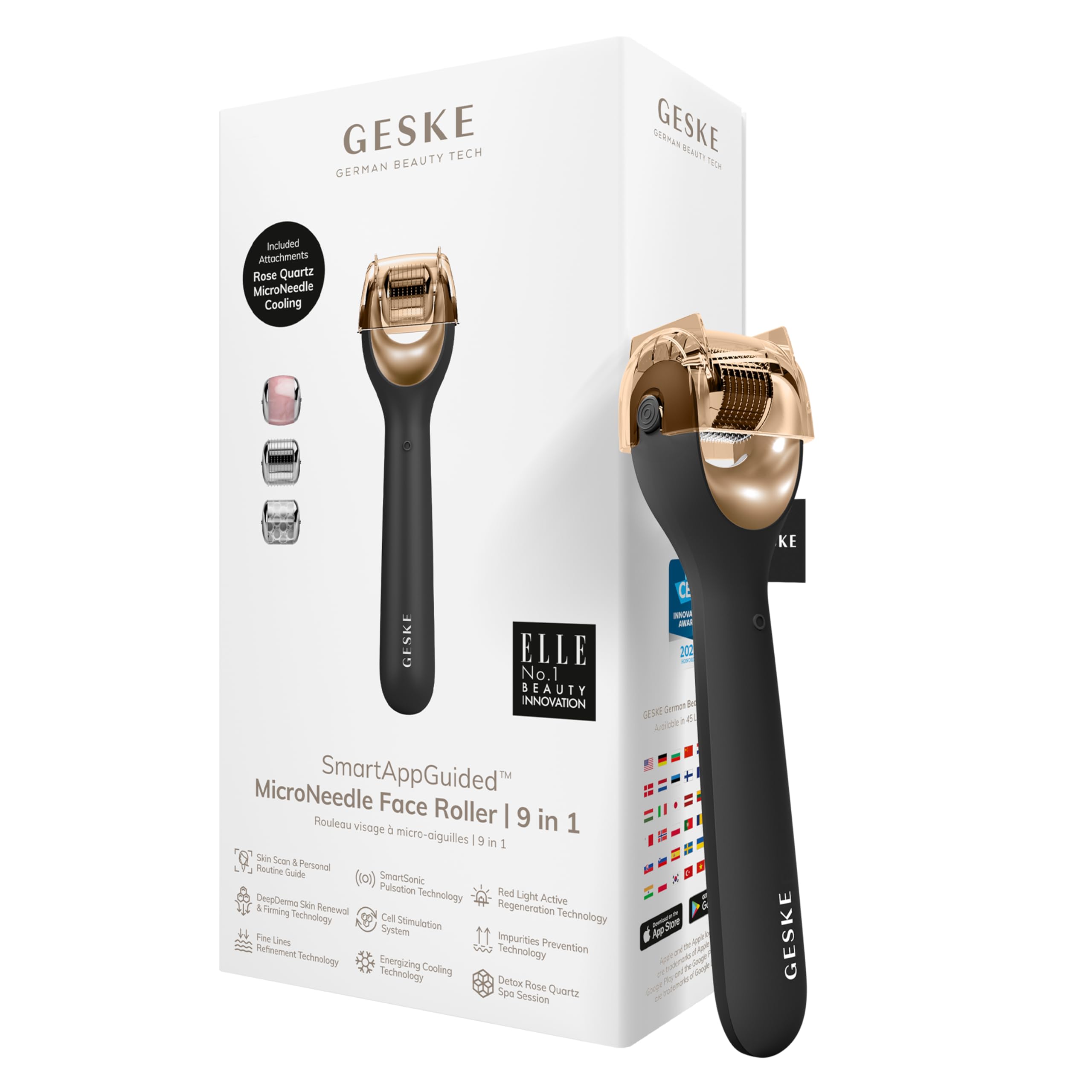 GESKE | SmartAppGuided™ MicroNeedle Face Roller | 9 en 1 | con cuarzo rosa | Microagujas | Dispositivo profesional de microagujas | Rodillo de agujas | Rodillo de belleza cara | rodillo de microagujas