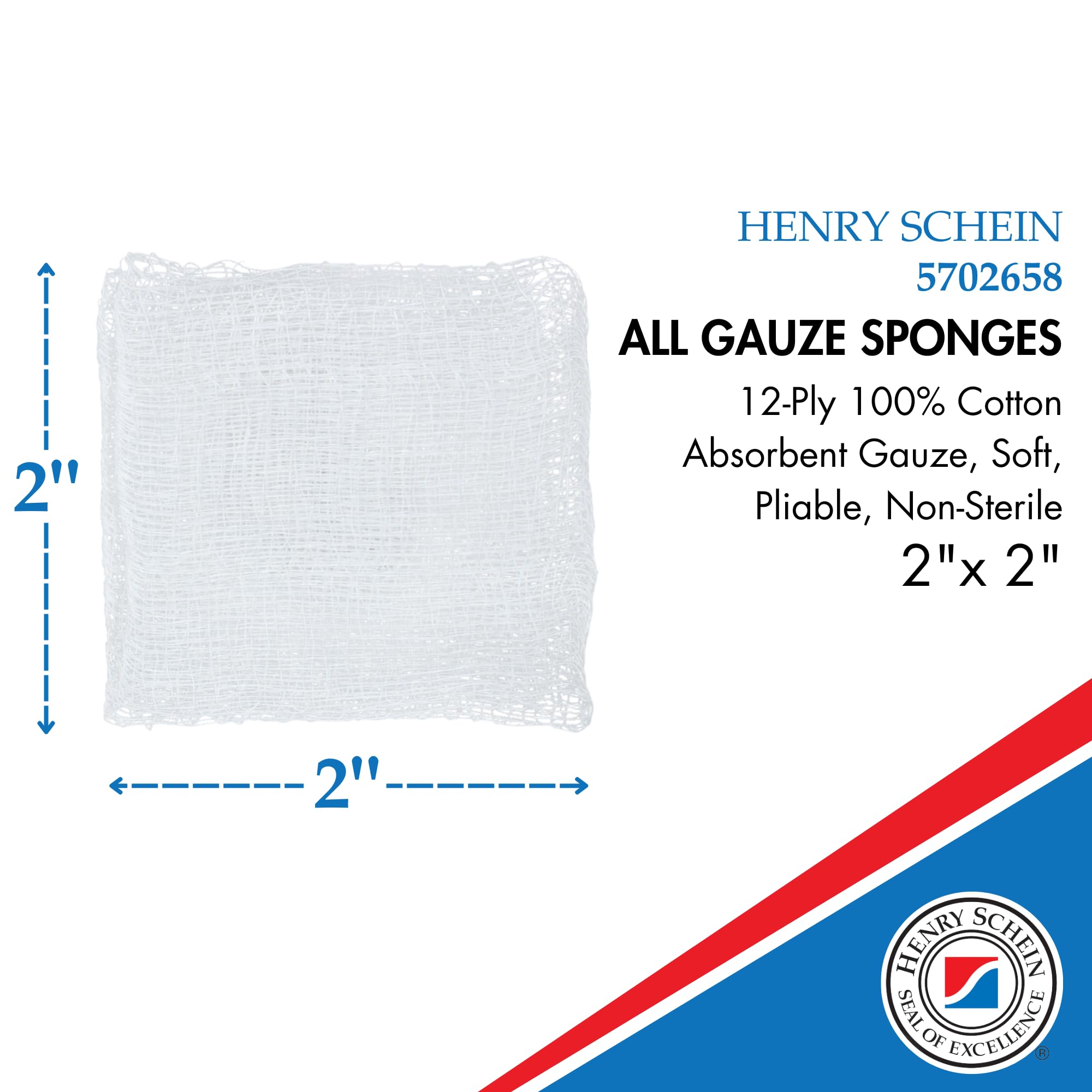 Henry Schein Esponja de gasa tejida 100% algodón de 2 x 2, 12 capas, cuadrada no estéril para apósito de heridas, almohadillas de gasa para el cuidado de heridas y botiquines de primeros auxilios en