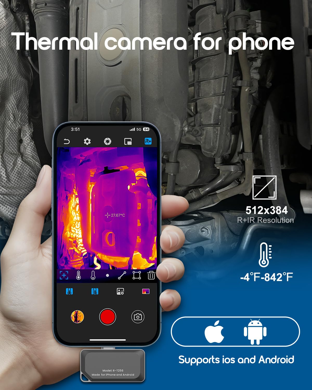 REVASRI Wärmebildkamera für iOS und Android, 512 × 384 X³ IR-Auflösung, Wärmebildkamera, Temperaturbereich -15,6 °C bis 450 °C, kompatibel mit jedem USB-C-iOS- und Android-Gerät