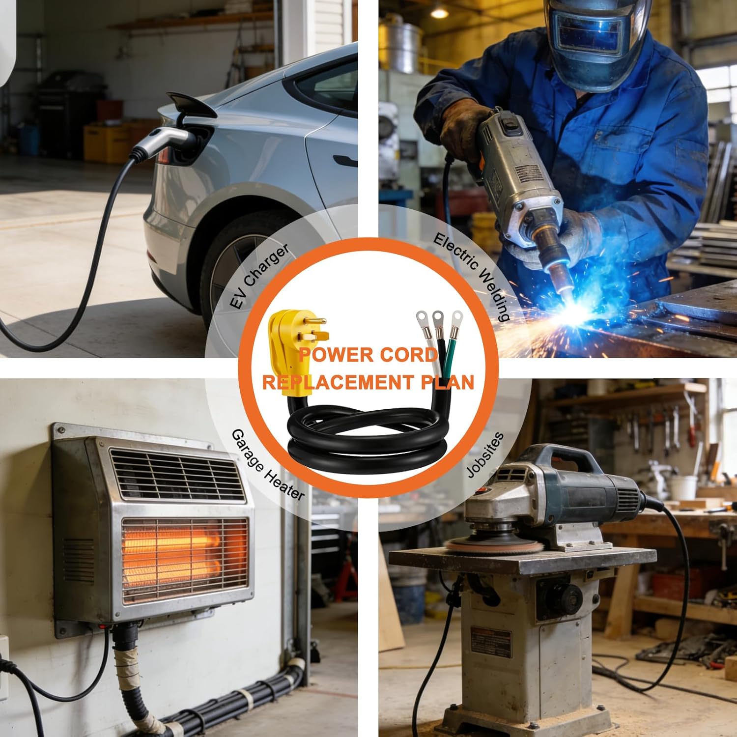 NEMA 6-50 Replacement Power Cord, STW 6AWG/3C Heavy Duty 3 Prong 250V 6-50P Pigtail Cord for Tesla EV Charger Welder Garage Heater, 4FT, ETL Listed