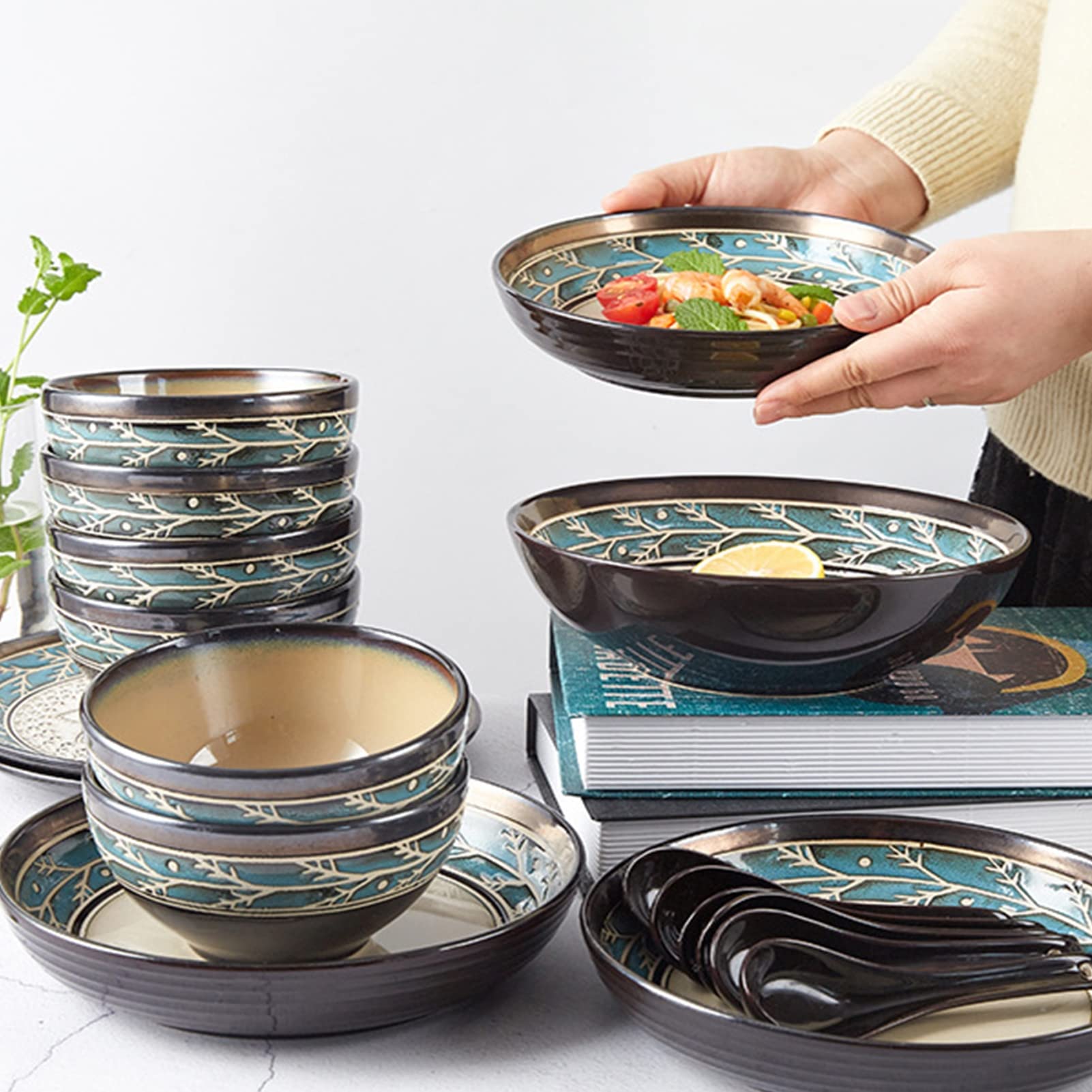 16-częściowy porcelanowy zestaw naczyń, serwis stołowy z talerzami i miskami, nadaje się do kuchenki mikrofalowej i mycia w zmywarce, nowoczesne naczynia z kamionki, zastawa stołowa dla 4
