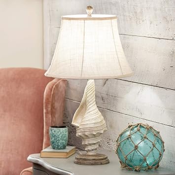 BLACK FOREST DECOR White Conch Shell Table Lamp Coastal Nautical Beach Lamp with Burlap Shade 28"