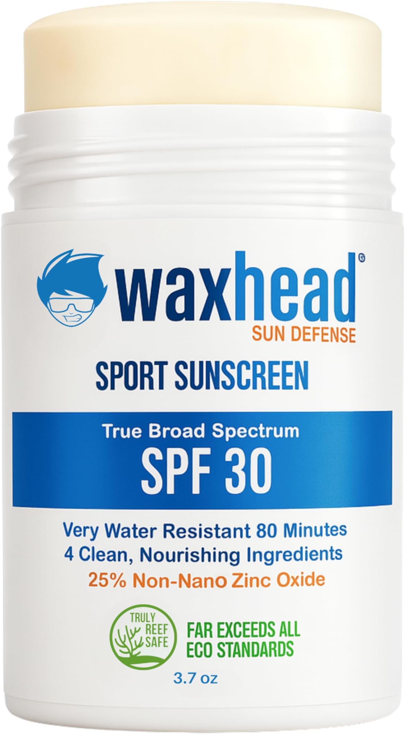 Waxhead Zinc Oxide Sunscreen Stick SPF 30, 4-Ingredient Mineral Sunscreen for Face & Body, EWG 1, Reef Safe Non-Nano, Baby & Kids Sensitive Skin, Water Resistant Sport Tattoo Sunblock, 3.7 oz