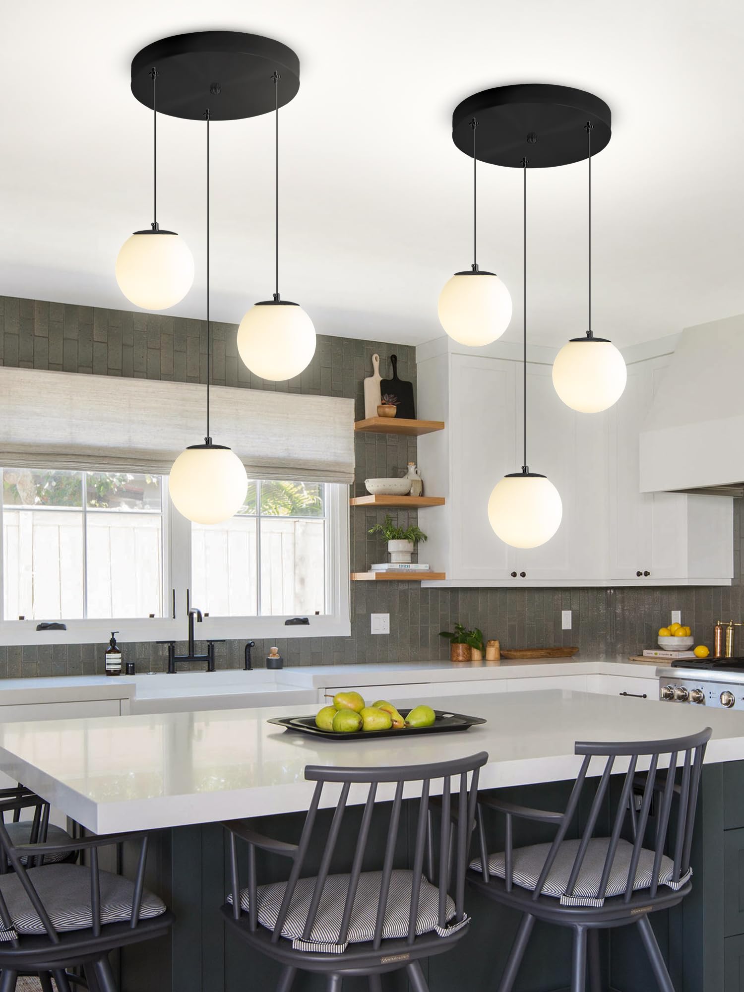 SXECAEPS Modern Celing ht 3-hts Globe Glass Pendant White Chandelier Mid Century Black Hanging Fixture for Kitchen Island Foyer Hallway Dining Room