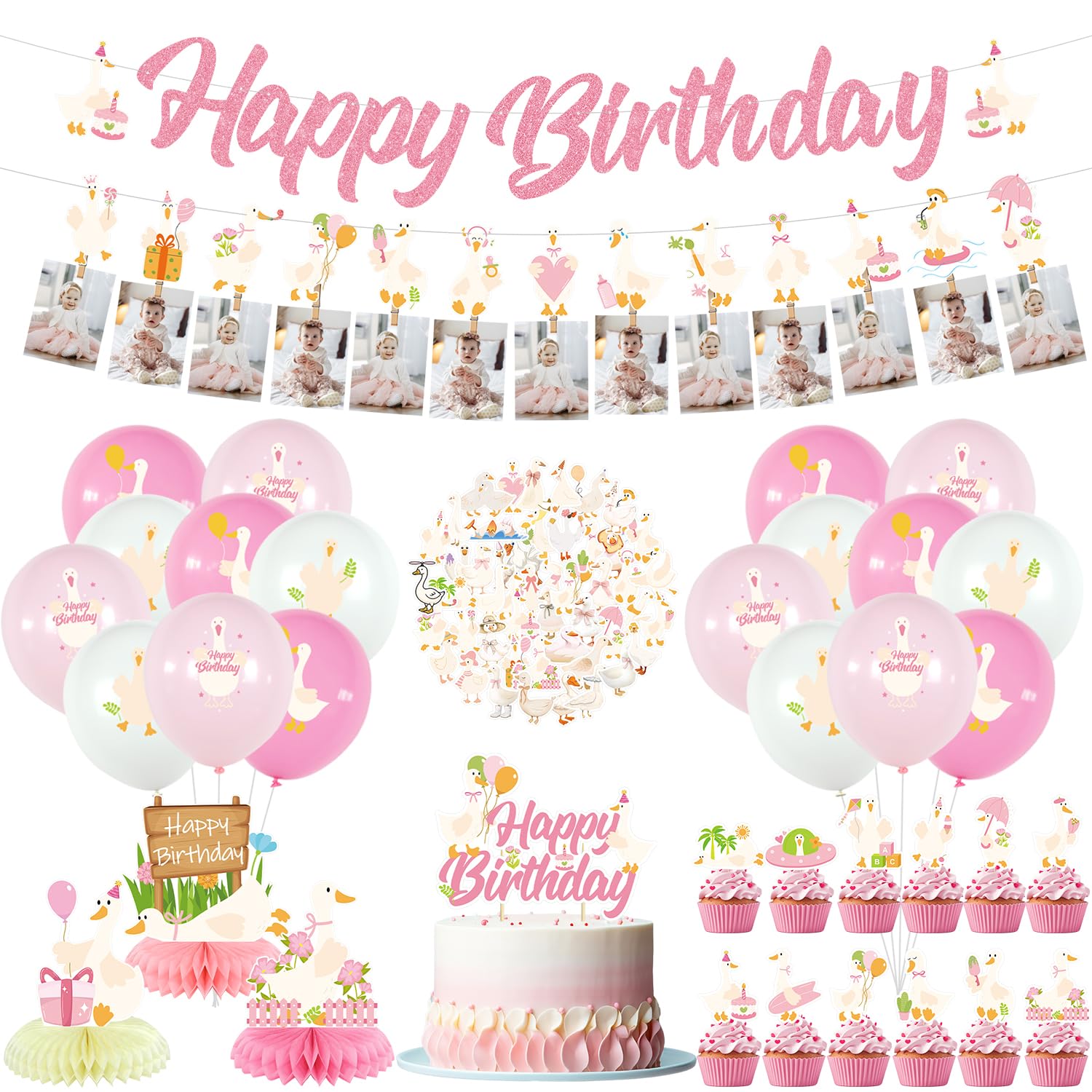 Silly Goose Party Decorations, Goose Birthday Decoration Includes HAPPY BIRTHDAY Banners, Cake Toppers, Honeycomb Centerpieces, Stickers, and Balloons for Goose Supplies