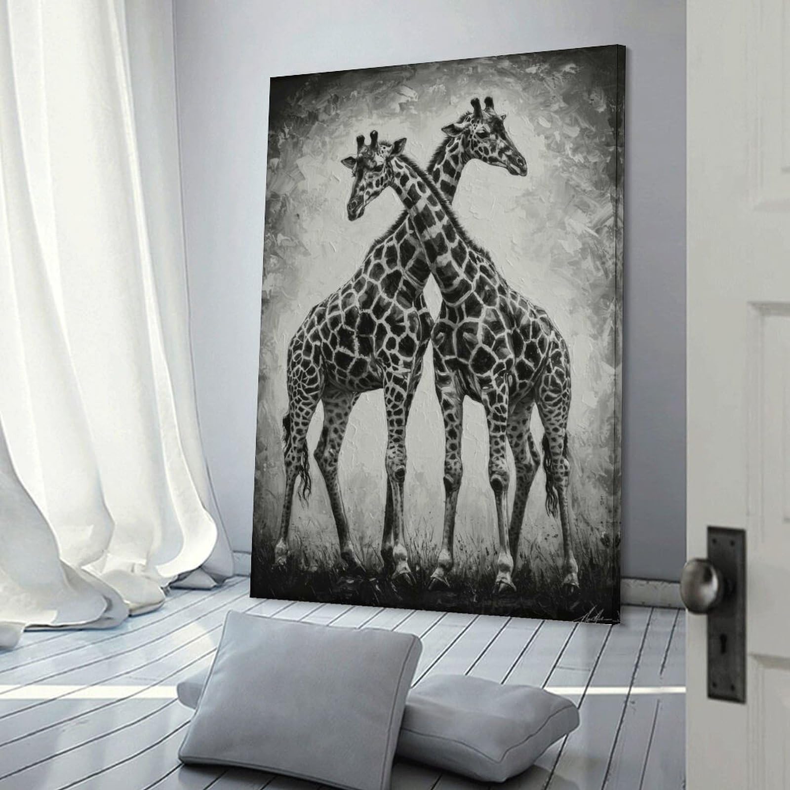 Junmoney Frame-Style-12 Giraffe Pair In Black And White Canvas Wall Picture, 20X30inch(50X75cm), For Living Room, Bedroom Or Apartment Walls, Decorative Artwork For Empty Walls