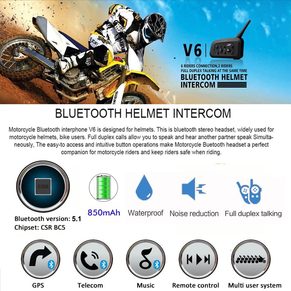 EJEAS V6 Pro 1200M Impermeabile Interfono Moto, Moto Auricolare Bluetooth con Cancellazione del Rumore, Comunicazione Bluetooth per Casco Moto con Fino a 6 Riders (2 Pezzo)