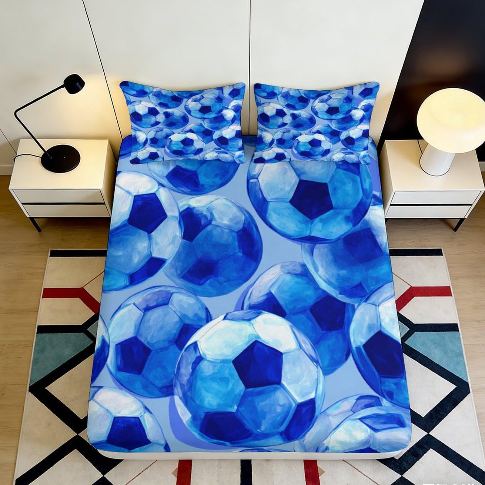 3D Printed Soccer Pattern Fitted Sheet Microfiber Deep Pocket Elastic Hem Bedroom Bedding Mattress Fitted Cover Washable 200x200x25cm