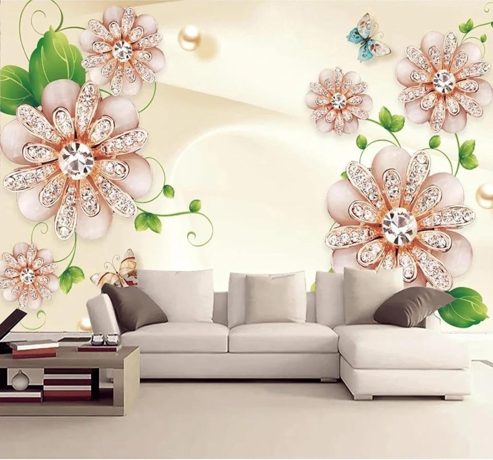 Xlming 300Cm×210Cm(B×H) Exquisite Creative Roses Diamonds Butterflies 3D Wallpaper Luxury Home Dining Decor Paste Sofa Living Room The Wall For Bedroom Mural-300Cm×210Cm
