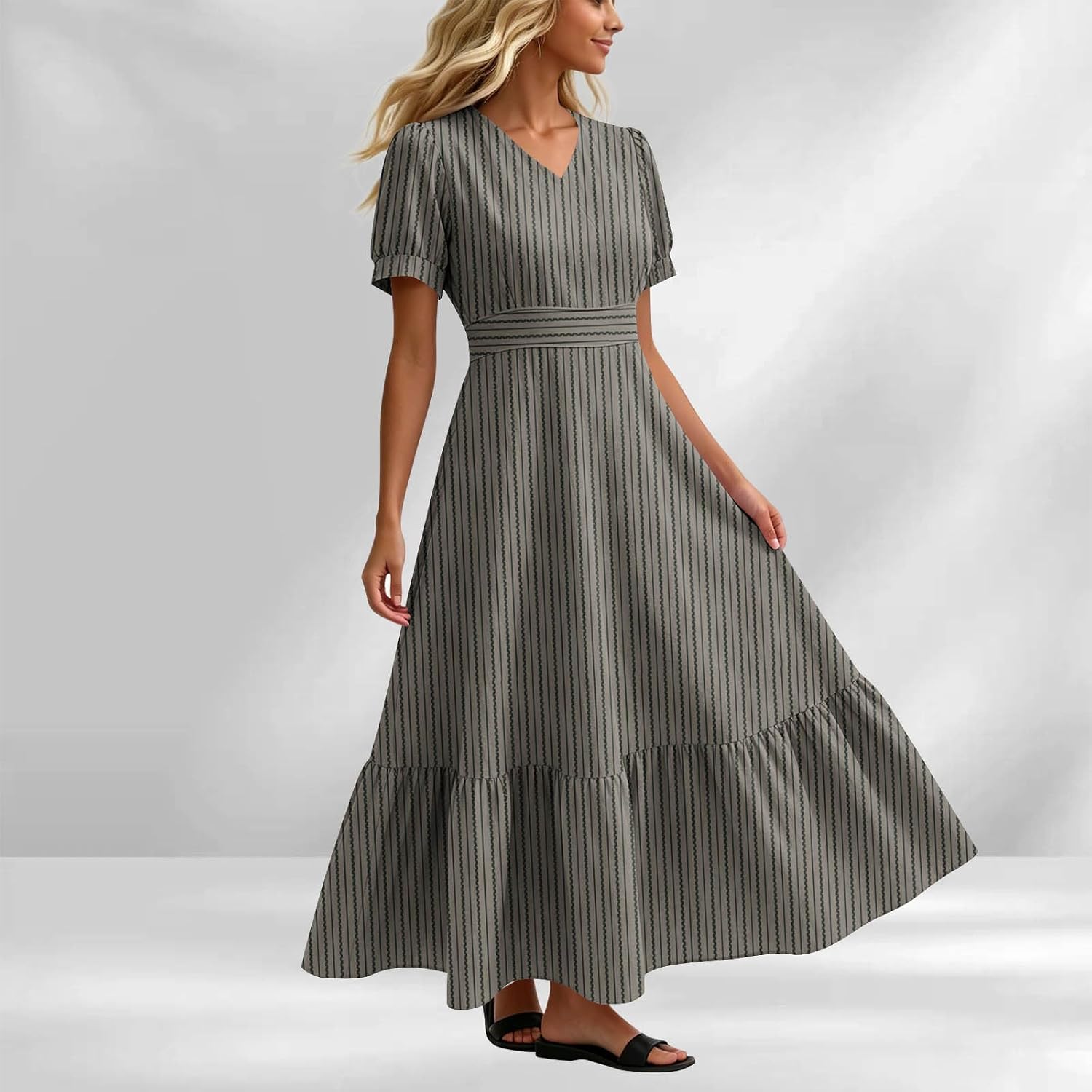 Women's Summer Dresses Maxi Dress Sundresses Vacation Beach Dress Striped Puff Short Sleeve V Neck Long Dresses