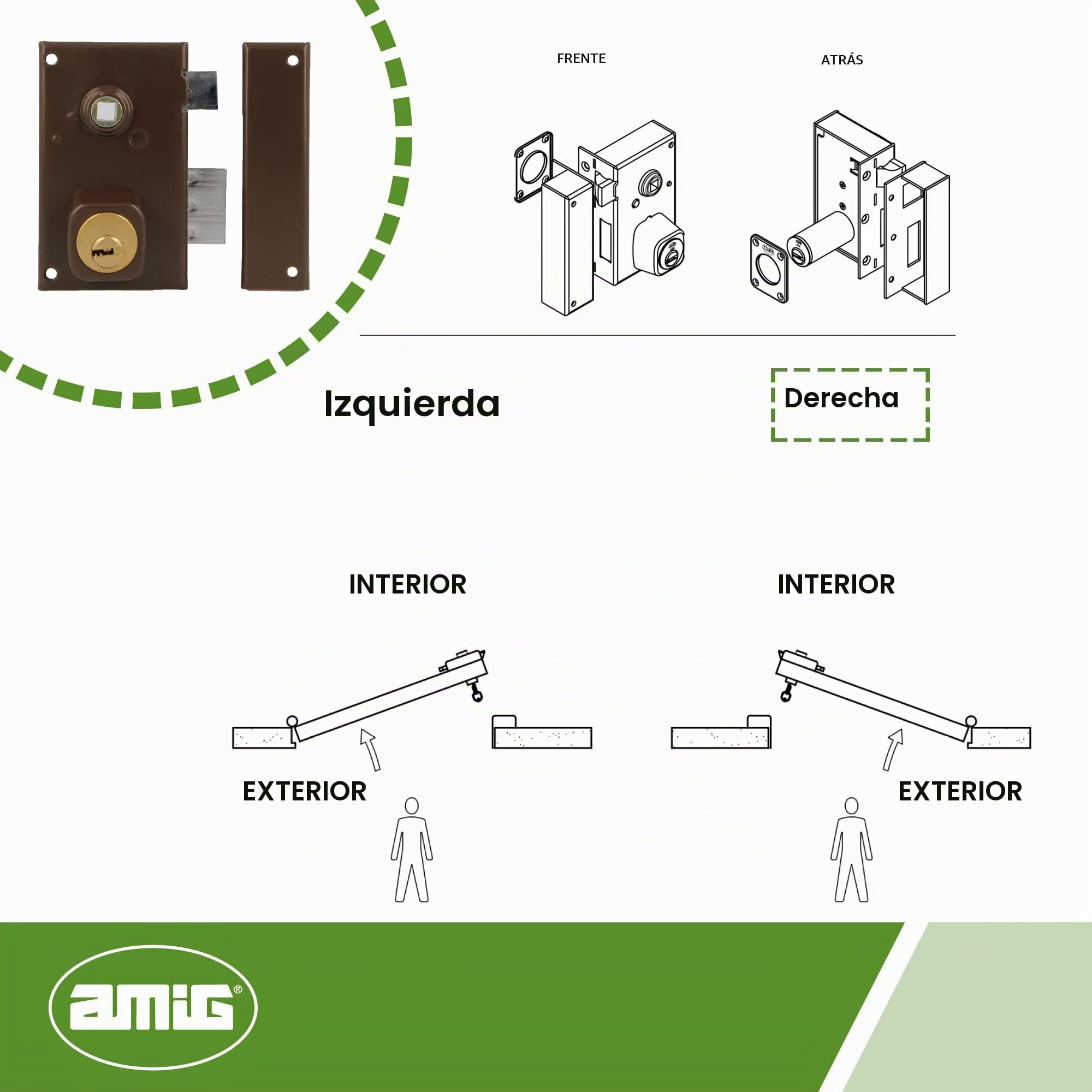Amig - Cerradura de Sobreponer de Derecha con Palanca de Cierre, Lengüeta y Cuadradillo para Puertas de Madera Mod. 75N / 67 x 112 mm/Cilindro Redondo de Seguridad/Acero Marrón