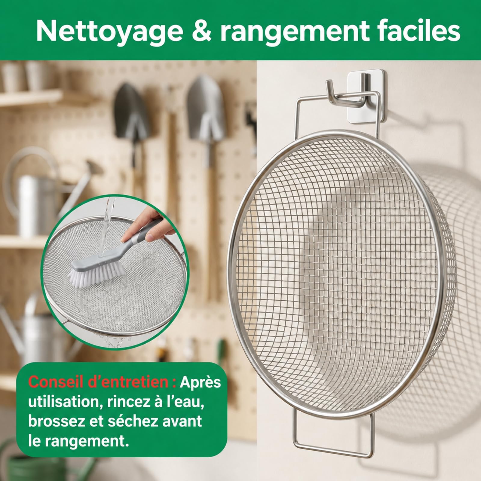 Tamis de jardin - Double poignées de 3,5 cm pour grandes mains - Diamètre : 30 cm - Pour seau de 18 l - Filet en acier galvanisé de 1 mm - Maille de 6 mm - Pour jardin et plantes en pot