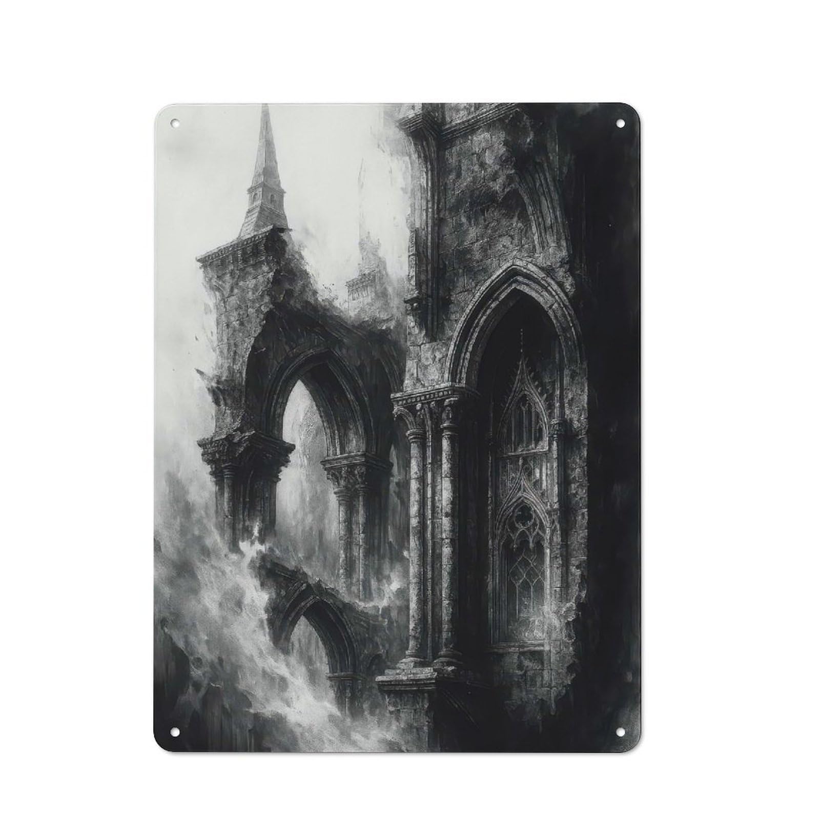 Junmoney Ruined Gothic Architecture In Monochrome Classic Metal Wall Decor 40X30cm, Metal Wall Plaque For Office, Study, Studio Or Hallway