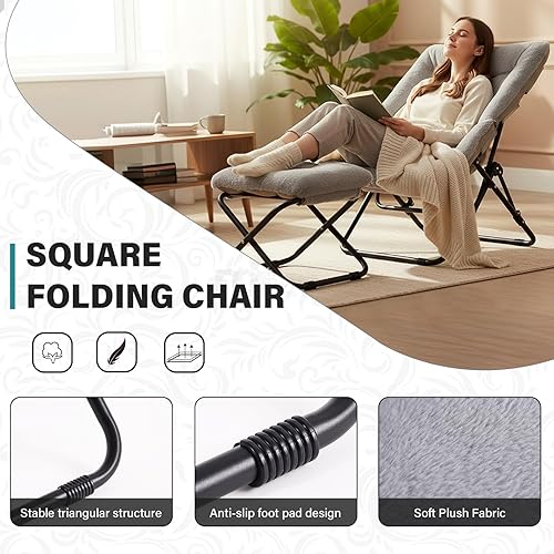 Miniatura 4 de Tiita Silla plegable con otomana recta, silla plegable de gran tamaño de piel sintética suave, silla perezosa, silla de luna con marco de metal para