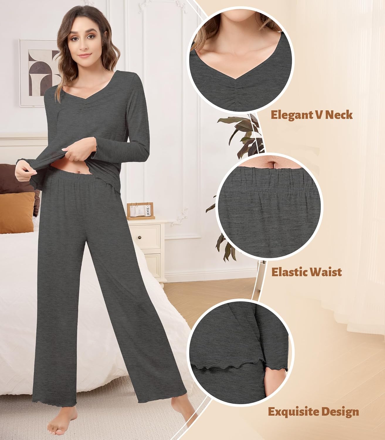 NACHILA Women's Pajamas Set-Viscose Made from Bamboo,Long Sleeve Sleepwear V Neck Pjs Top with Pants Comfy Pajama - Image 4