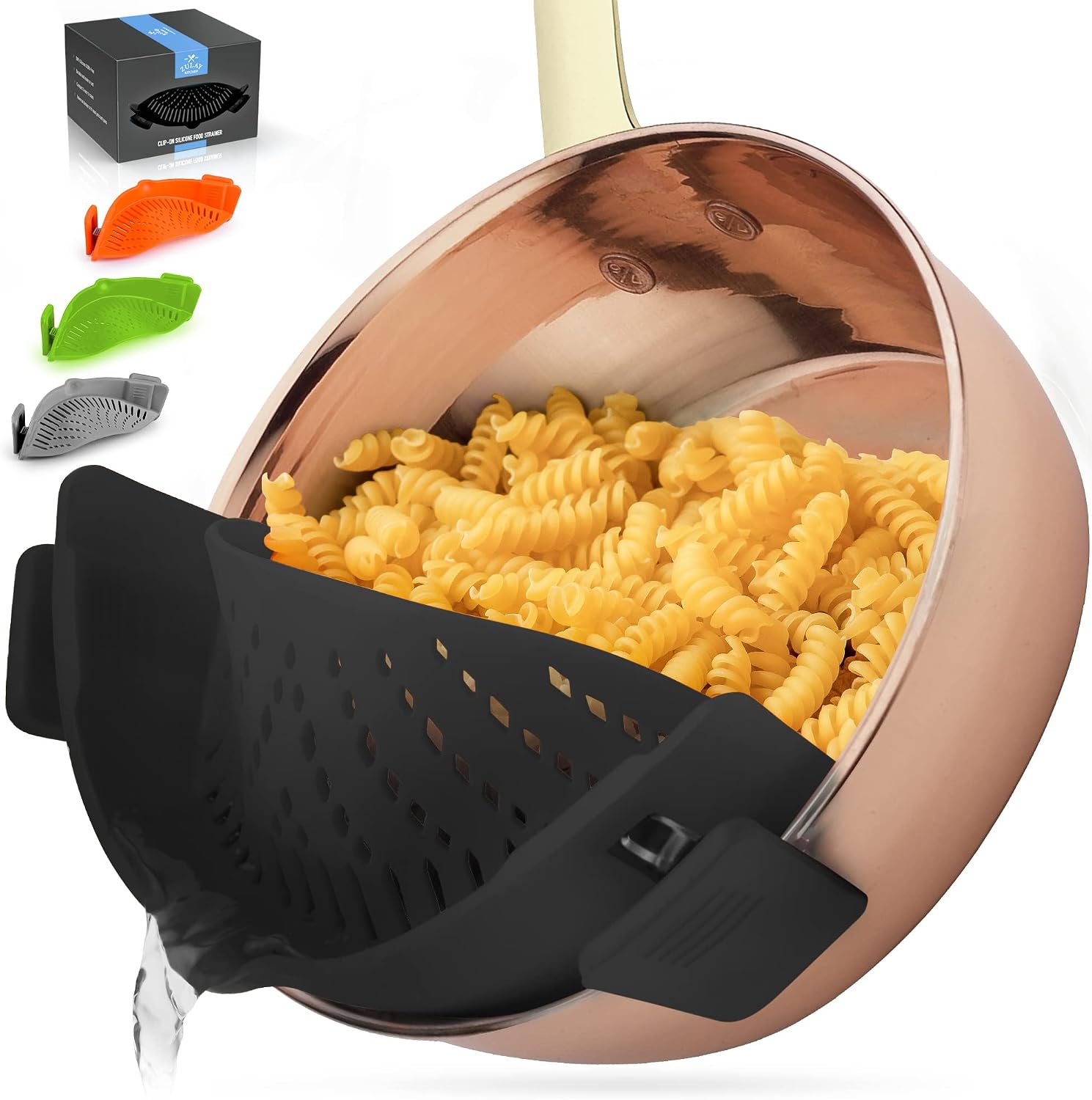 Zulay Silicone Pot Strainer - Adjustable Snap On Strainer For Most Pots & Pans - Food Grade, Heat Resistant Pot Strainer Clip On Silicone Colander For Draining Pasta, Fruits, & Vegetables (Black)