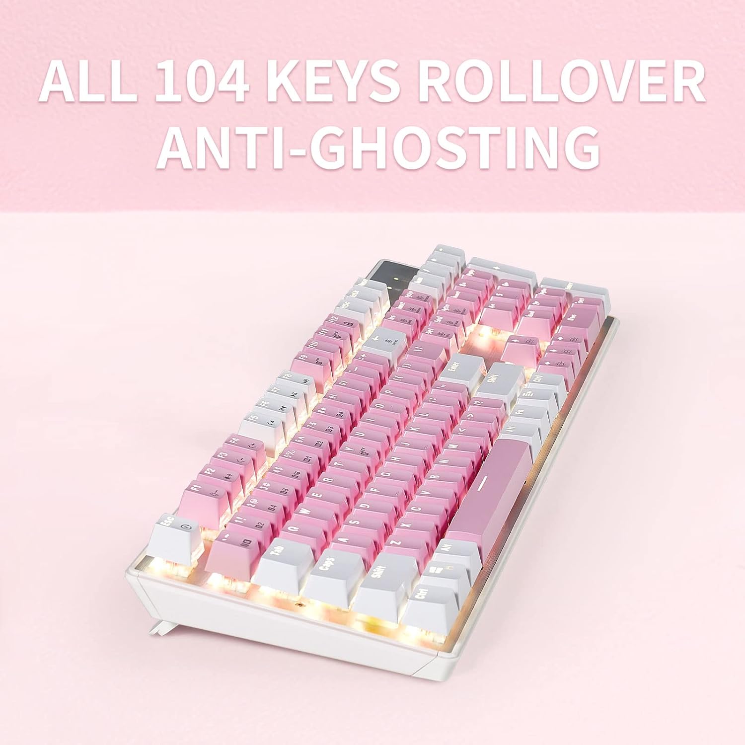 Close-up of Hexgears GK715 keyboard showing white backlighting
