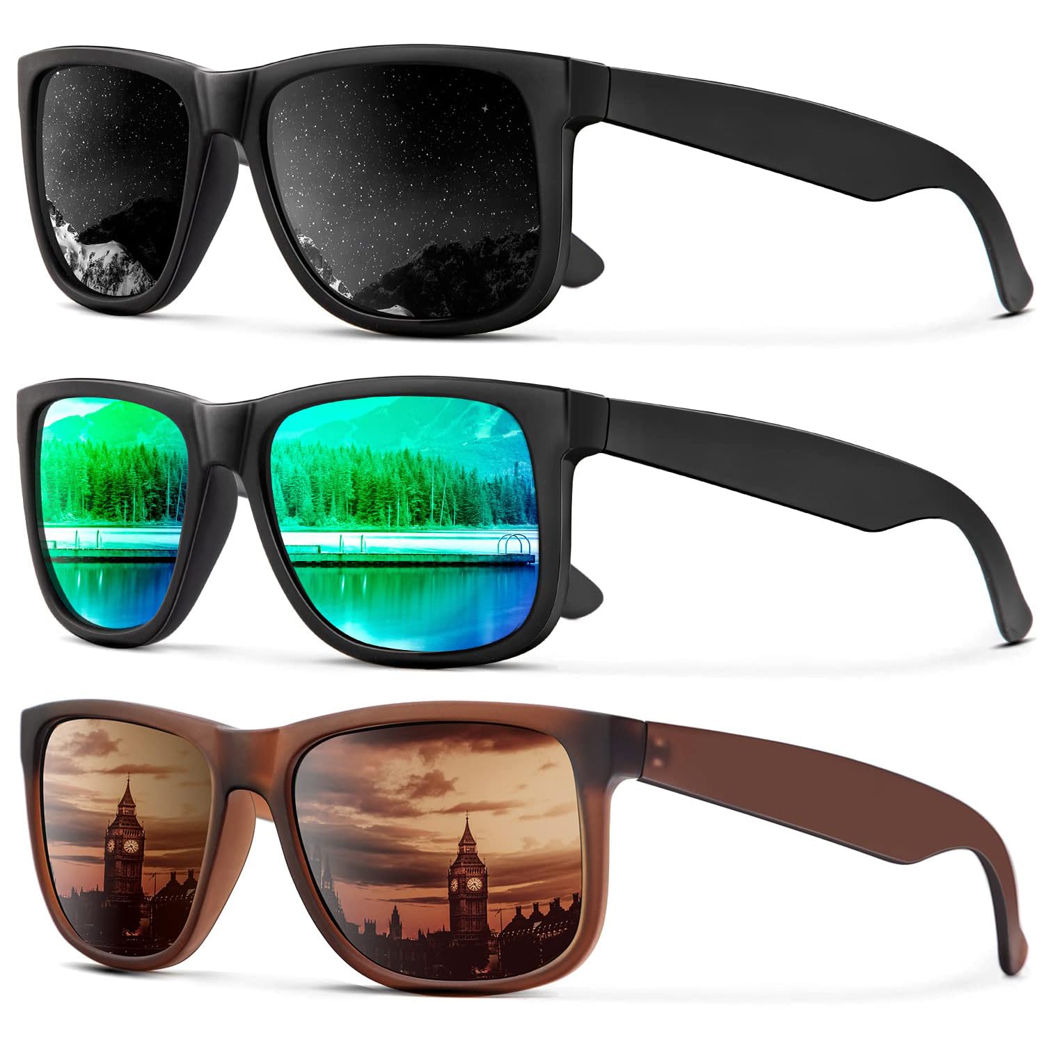 KALIYADI Sunglasses Men Polarized Sun glasses for Mens Womens Classic Matte Black Frame UV Protection 3pack