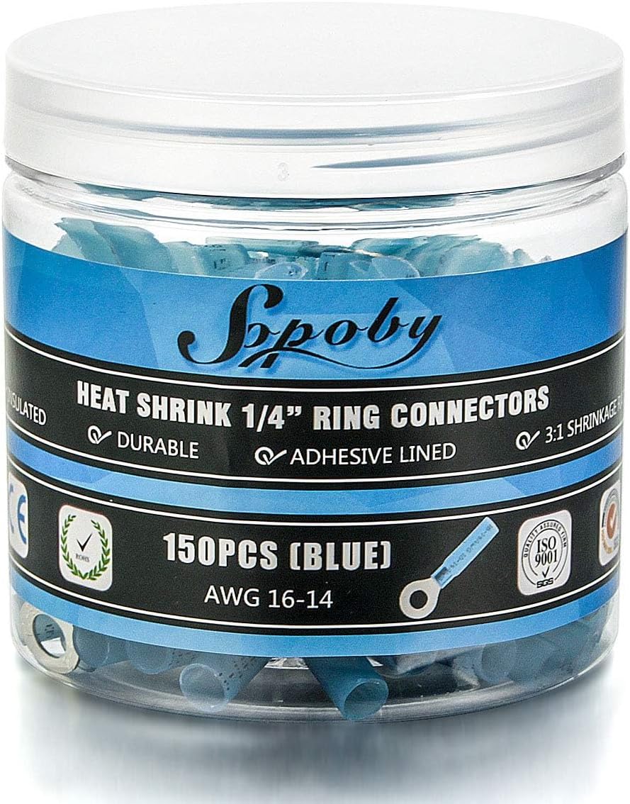 150PCS Heat Shrink Ring Connectors, Electrical Crimp Ring Connectors | 1/4" Blue 16-14 AWG, Heat Shrink Wire Connector Kit for Automotive, Marine, Audio, Industrial