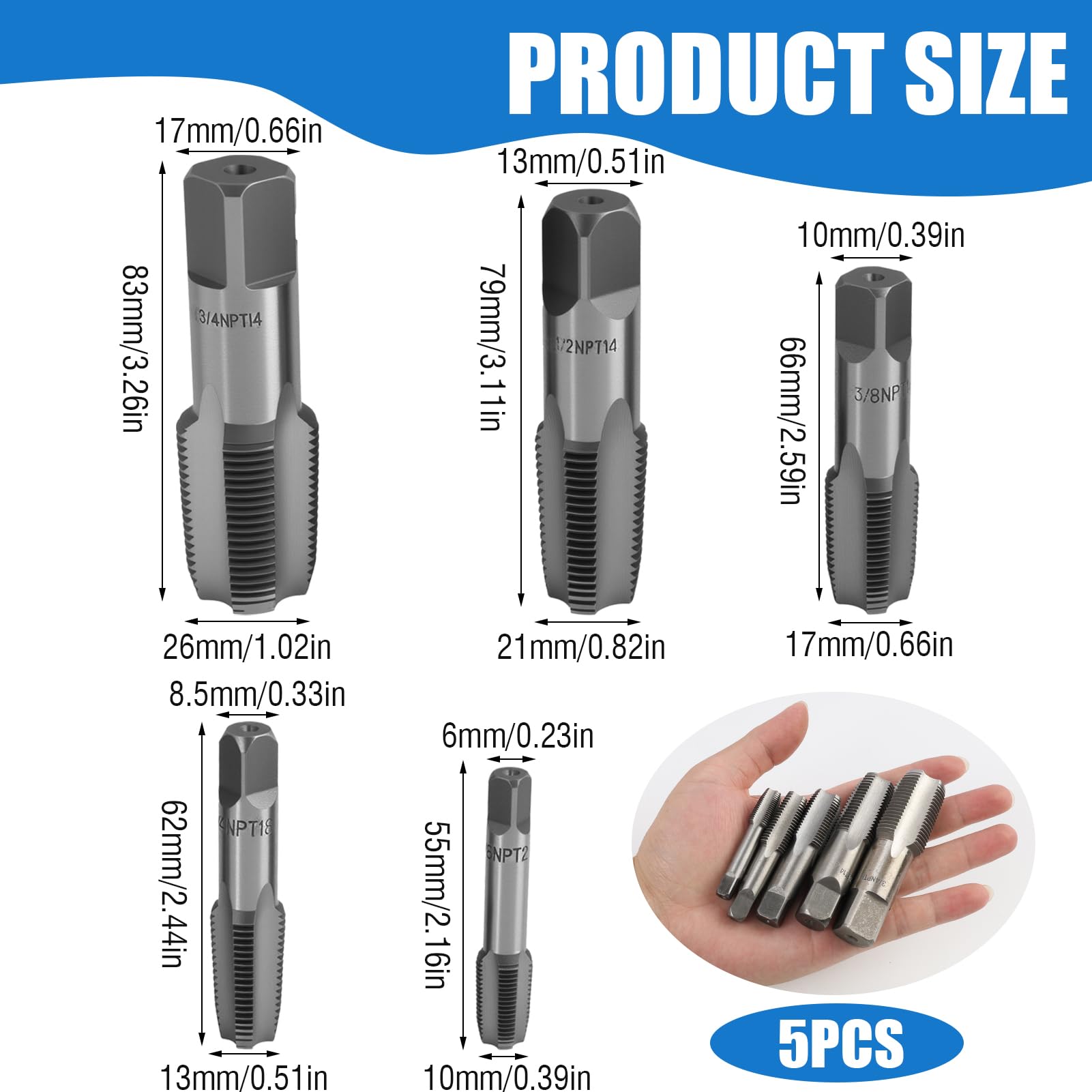 5 PCS Tarauds à Filetage En Acier De, BSP 55 Degrés, Pour La