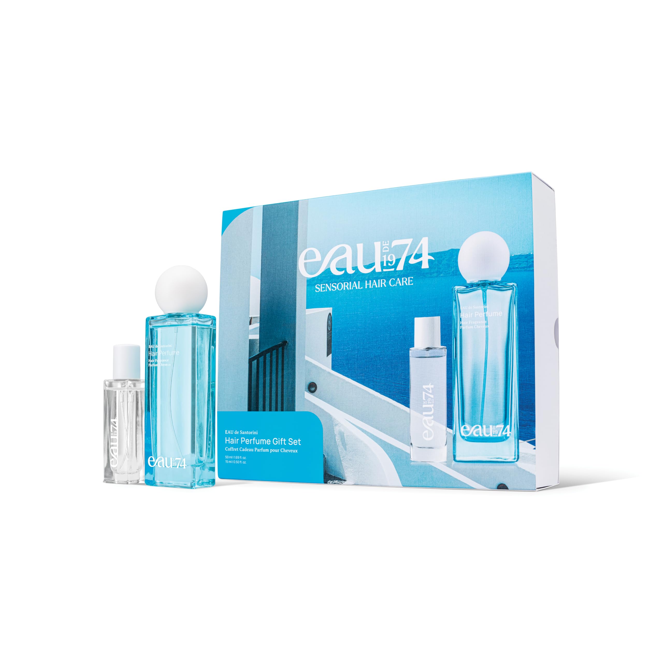 EAU de Santorini Hair Perfume Geschenkset | Haarparfum 50 ml + 15 ml Travel Buddy | Warmer & pudriger Duft mit Zitrone, Iris & Vanille | Mediterraner Sommerduft