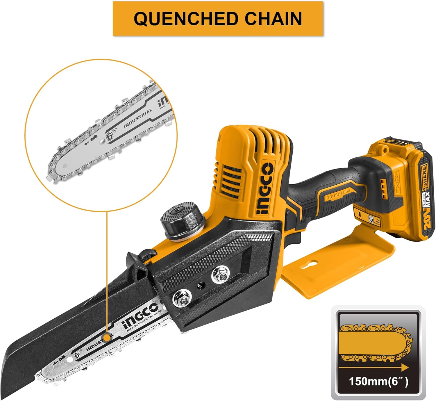 Close-up of the Ingco mini chainsaw's quenched chain, highlighting its 6-inch length and durable construction.