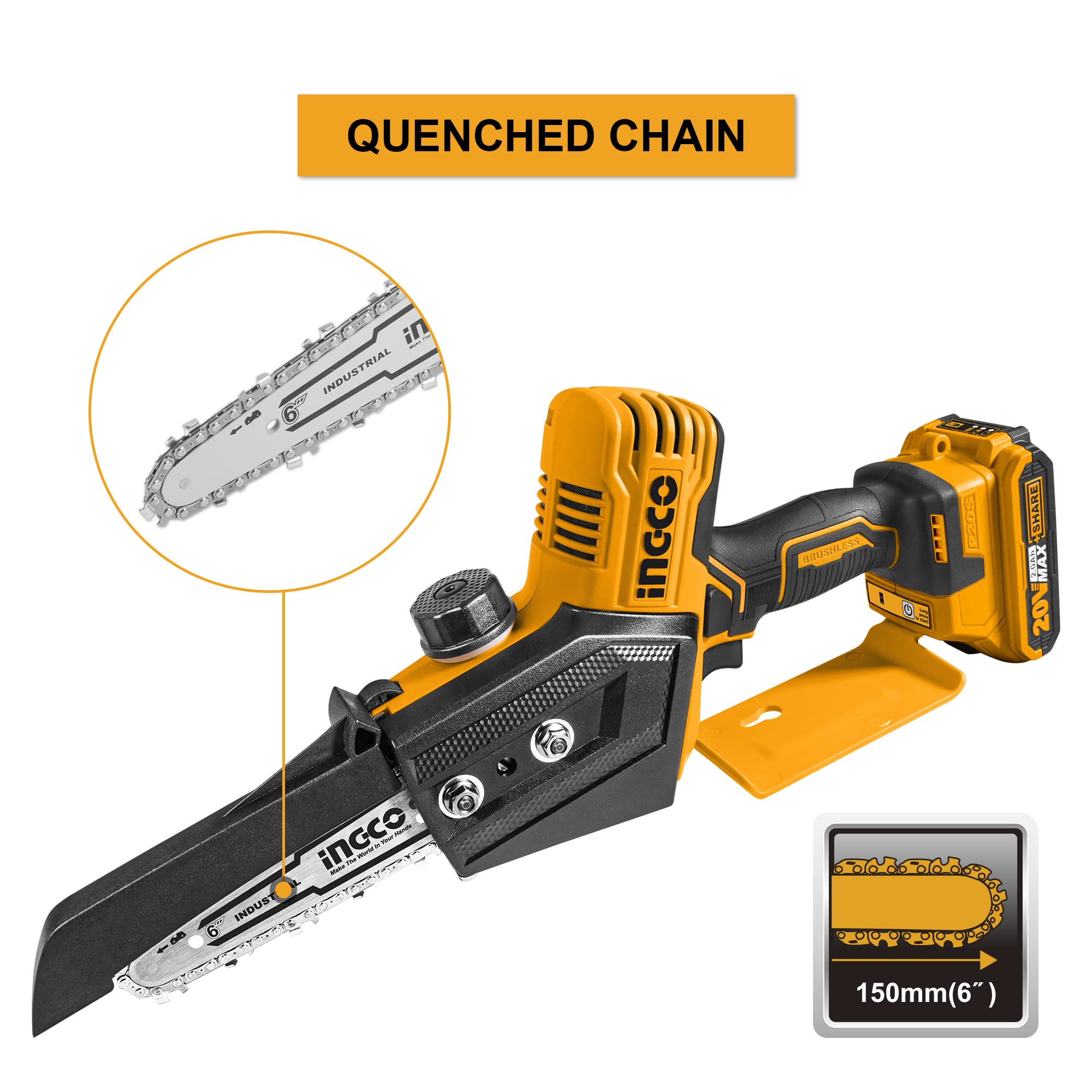 INGCO Mini motosierra sin escobillas de iones de litio de 20 V (solo cuerpo) de 6 pulgadas, mini motosierra inalámbrica con una sola mano para cortar madera, recortar ramas de árbol CGSLI2068