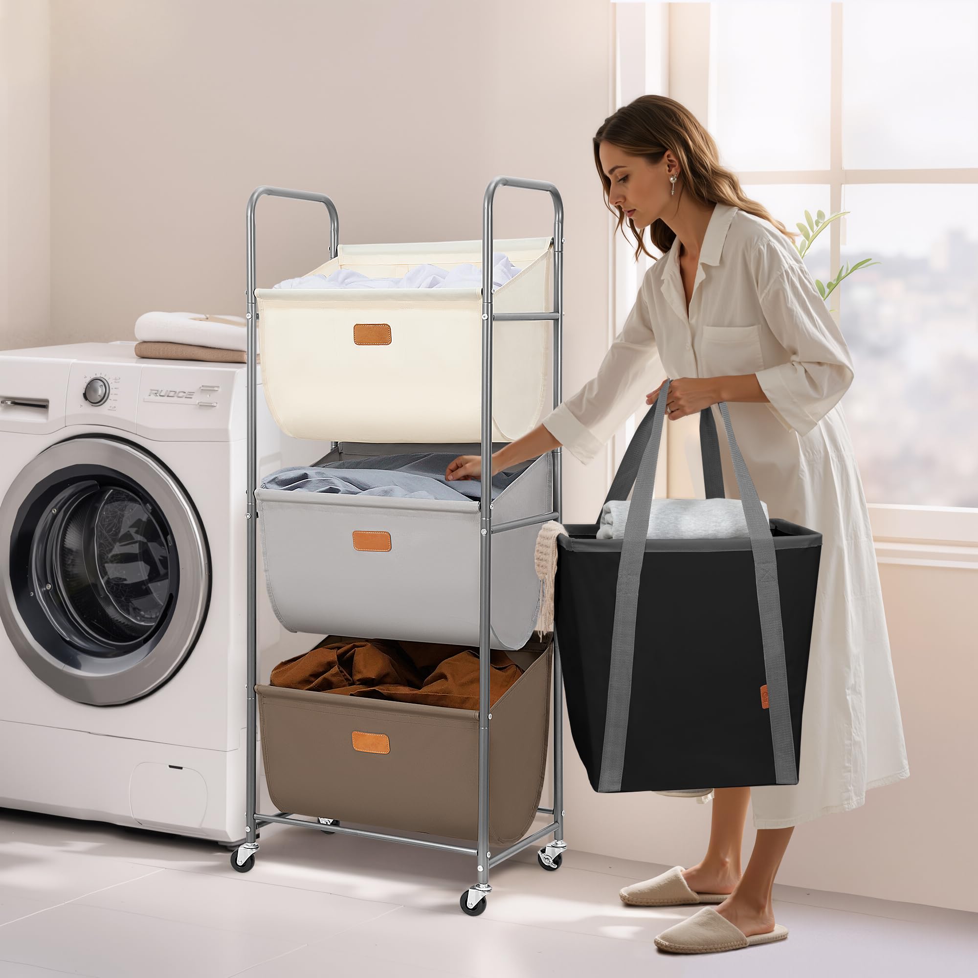 STORAGE MANIAC Cesta de lavandería vertical con ruedas de 120 litros, clasificador de ropa sucia de 3 secciones con ruedas y 2 roturas, cestas de lavandería de 3 niveles para espacios pequeños