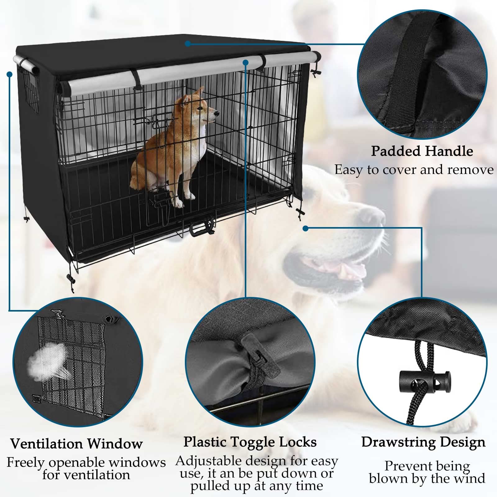Telo Copertura Gabbia per Cani, Tela Oxford 210D Doppia Porta Copri Kennel Cane, Materiale Resistente Impermeabile Ombreggiante Traspirante Copertura per Cane Kennel (95 X 61 X 64cm)