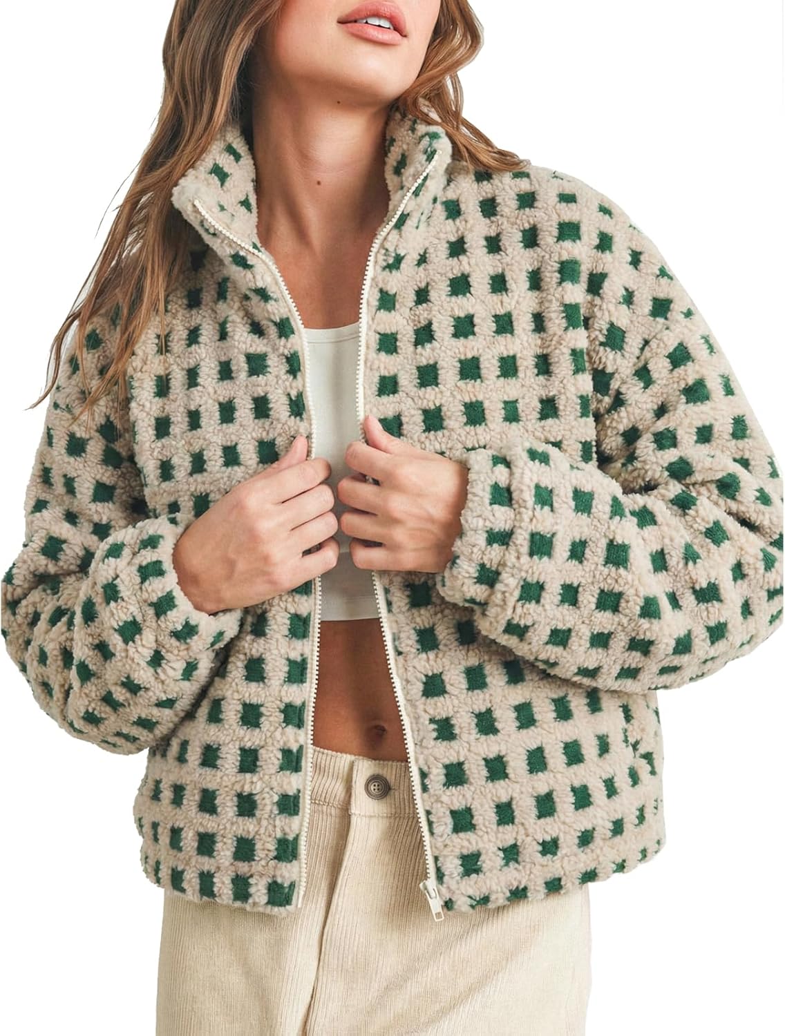 Women’s Green Checkered Sherpa Fleece Jacket - Warm Plaid Teddy Coat, Zip Up Winter Fuzzy Outerwear, Soft Oversized
