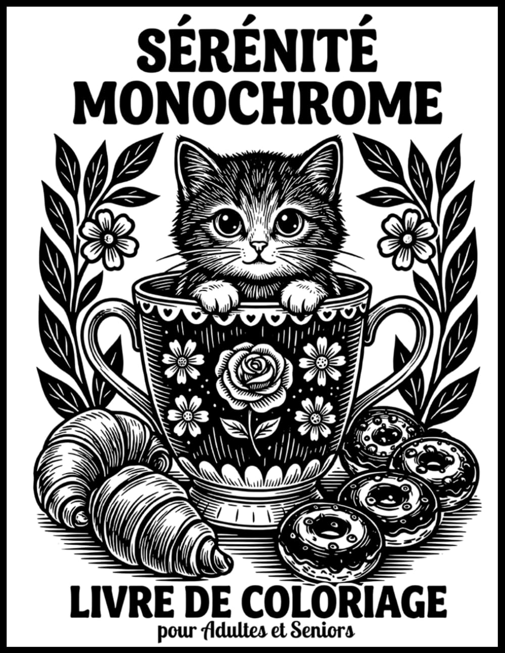 Sérénité Monochrome – Livre de Coloriage pour Adultes et Seniors: 50 illustrations apaisantes d’animaux, fleurs, paysages et instants cosy pour la détente et la créativité