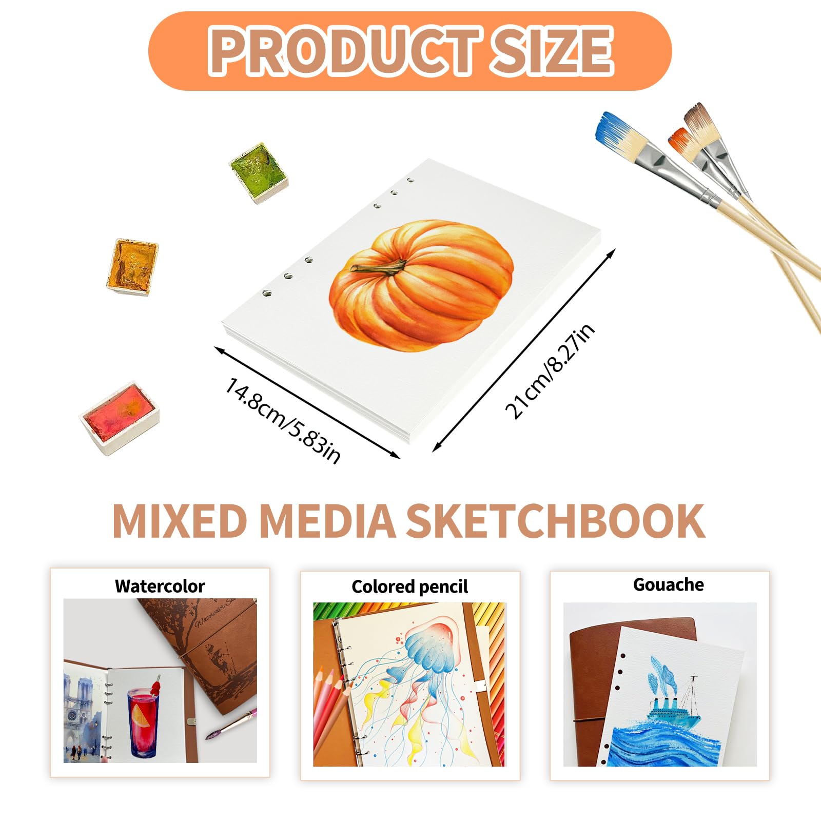 Aquarell-Skizzenbuch, Leder-Aquarell-Tagebuch, 23 x 17 cm, 63,5 kg/300 g/m², 24 Blatt, 48 Seiten, 100 % Baumwolle, Aquarellpapier, Aquarellbuch für Erwachsene, Künstler, Studenten (braun)