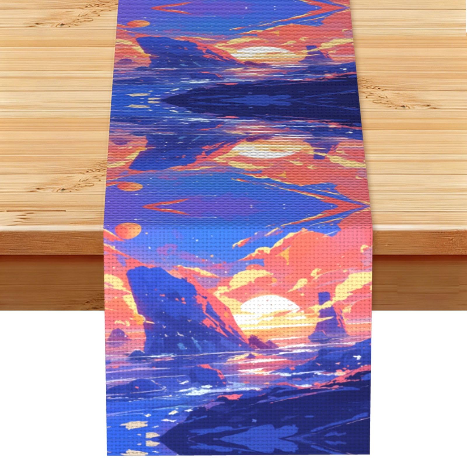 Sunset Painting Linen Feel Table Runner Wedding Party Home Decoration