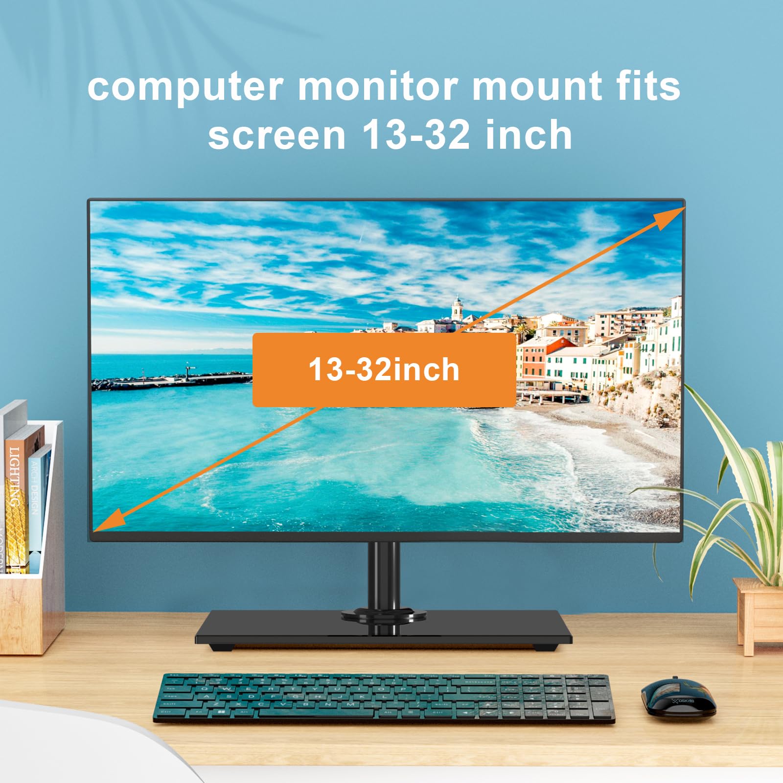 Pholiten Supporto per Monitor Singolo da Tavolo per Schermi PC da 13"-32", Autoportante Regolabile con Base in Vetro Temperato, Rotazione Inclinabile Girevole, Max VESA 100x100mm MLG7401