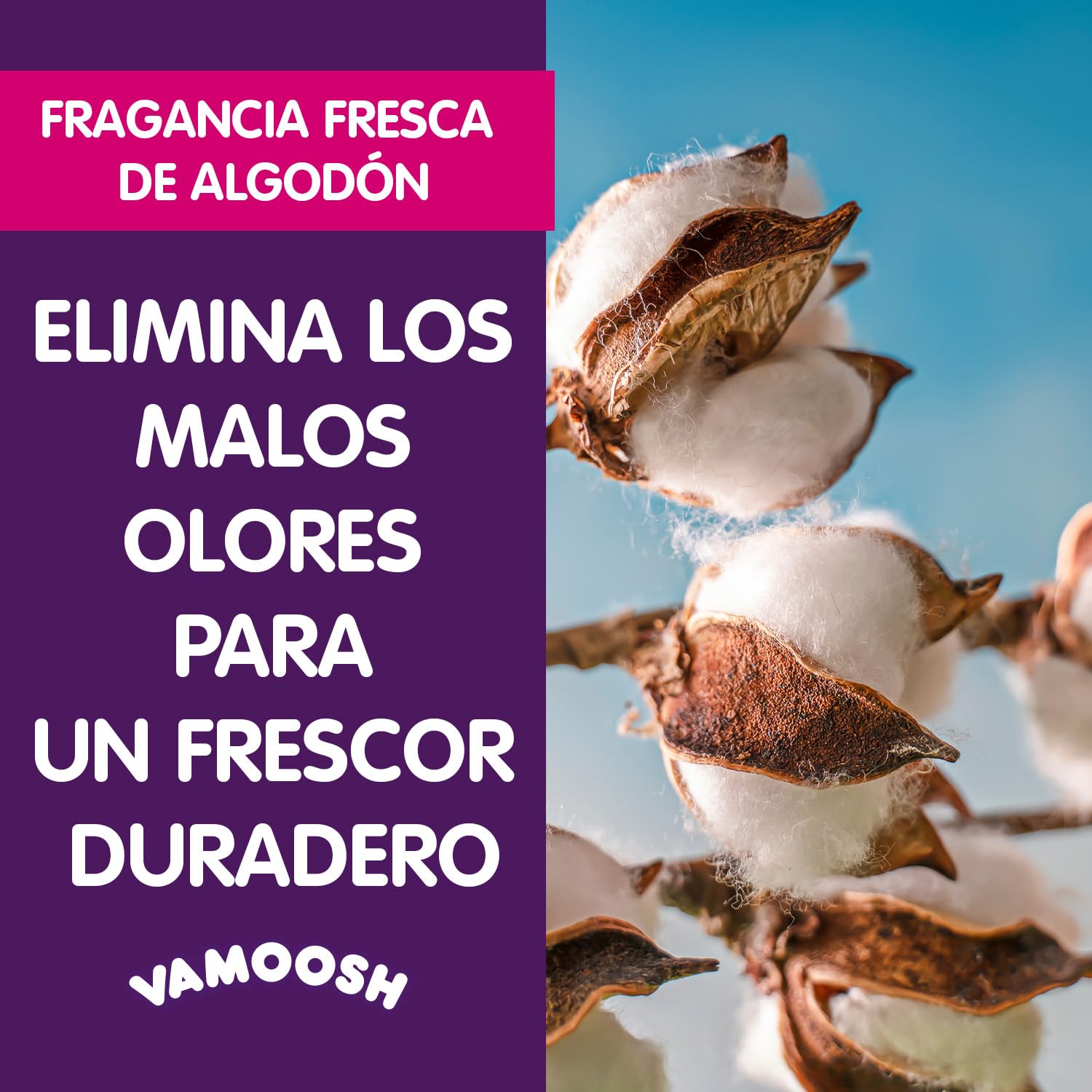 Vamoosh Limpiador de Lavadoras 6 en 1, Aroma Algodón Fresco. Disuelve pelo, elimina olores y cal, limpia en profundidad, deja olor fresco, antibacteriano, desincrusta, 6 lavados