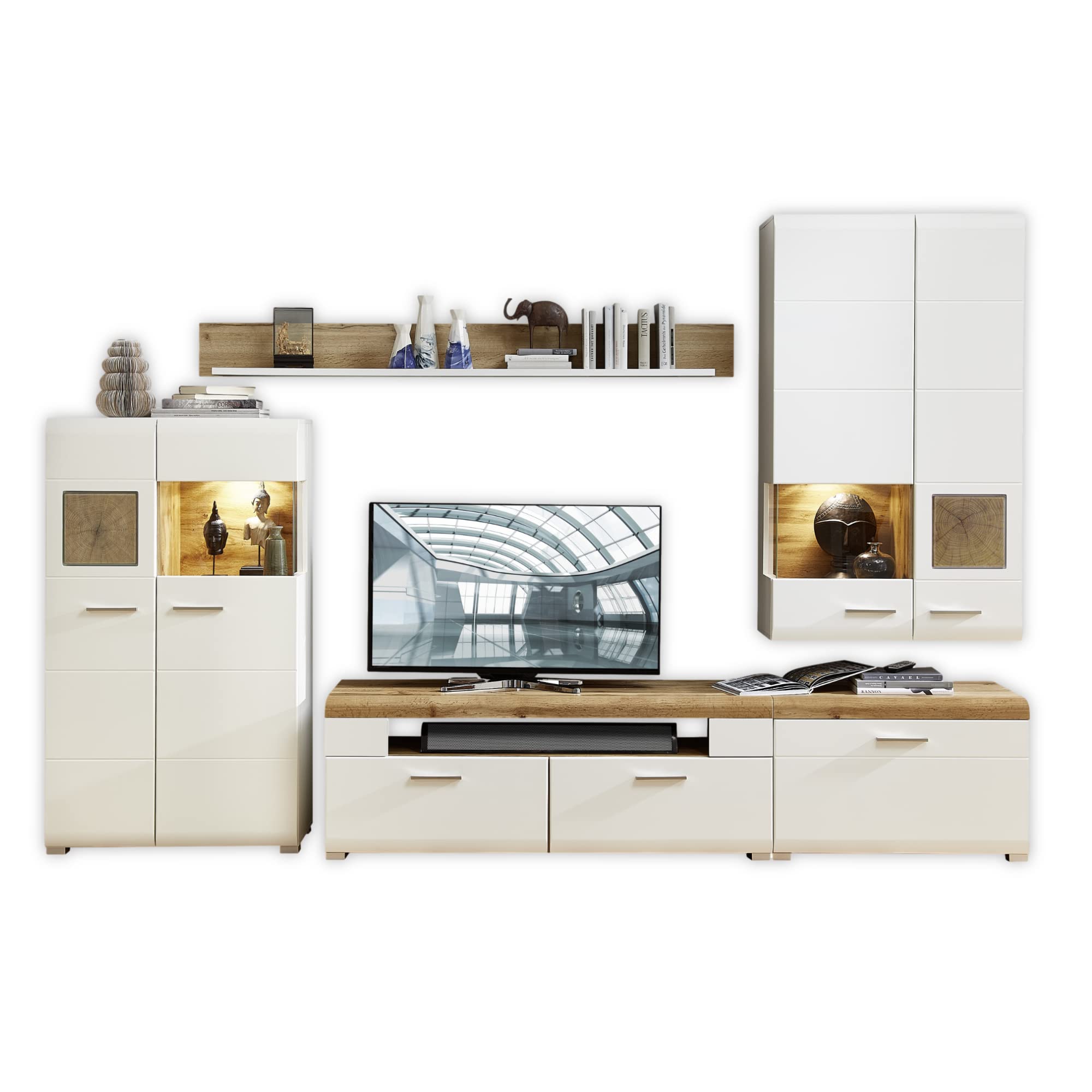 Stella Trading Fun Plus Wohnwand Komplett-Set – Hirnholz-Applikationen & Eiche-Dekor (320 x 205 x 47 cm)