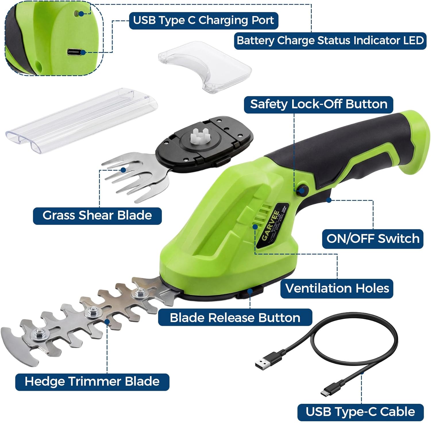 2-in-1 Electric Handheld Hedge Trimmer, Cordless Grass Shear & Shrub Trimme, Lightweight Rechargeable Bush Trimmers, with Type-C Cable, Dual Safety Switch, Brushless Motor, for Yard, Lawn, Garden